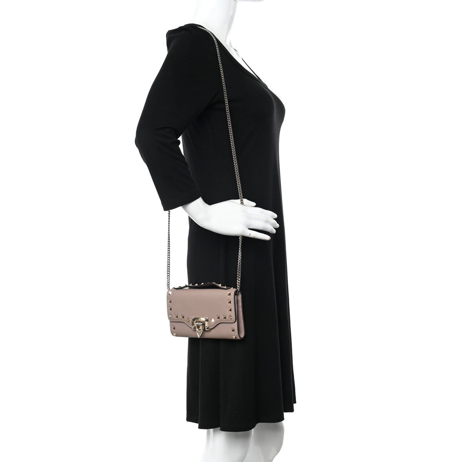 Valentino Garavani Pebbled Calfskin Rockstud Flip Lock Wallet On Chain Poudre 2 of 10