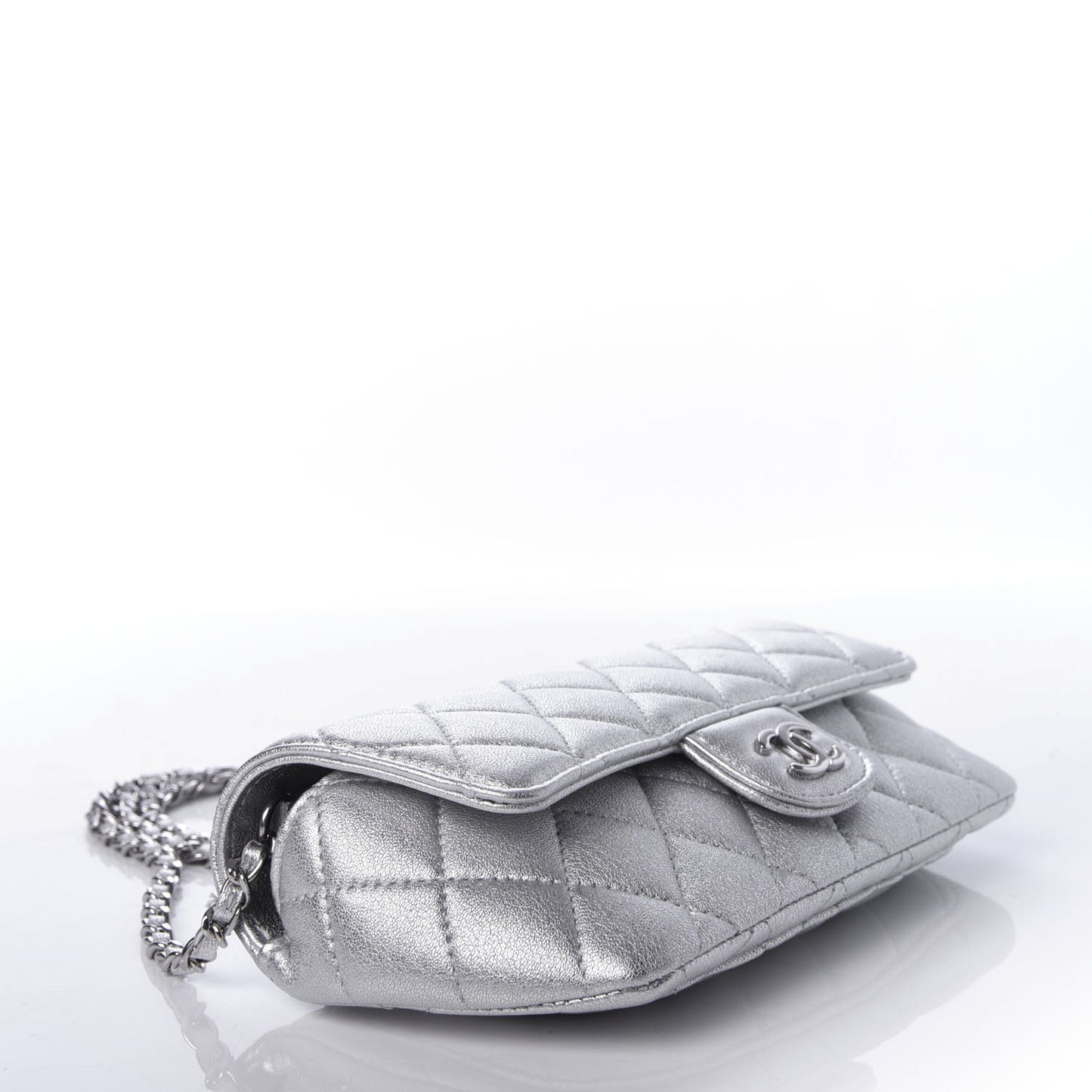 Metallic Lambskin Quilted Glasses Case With Chain Silver