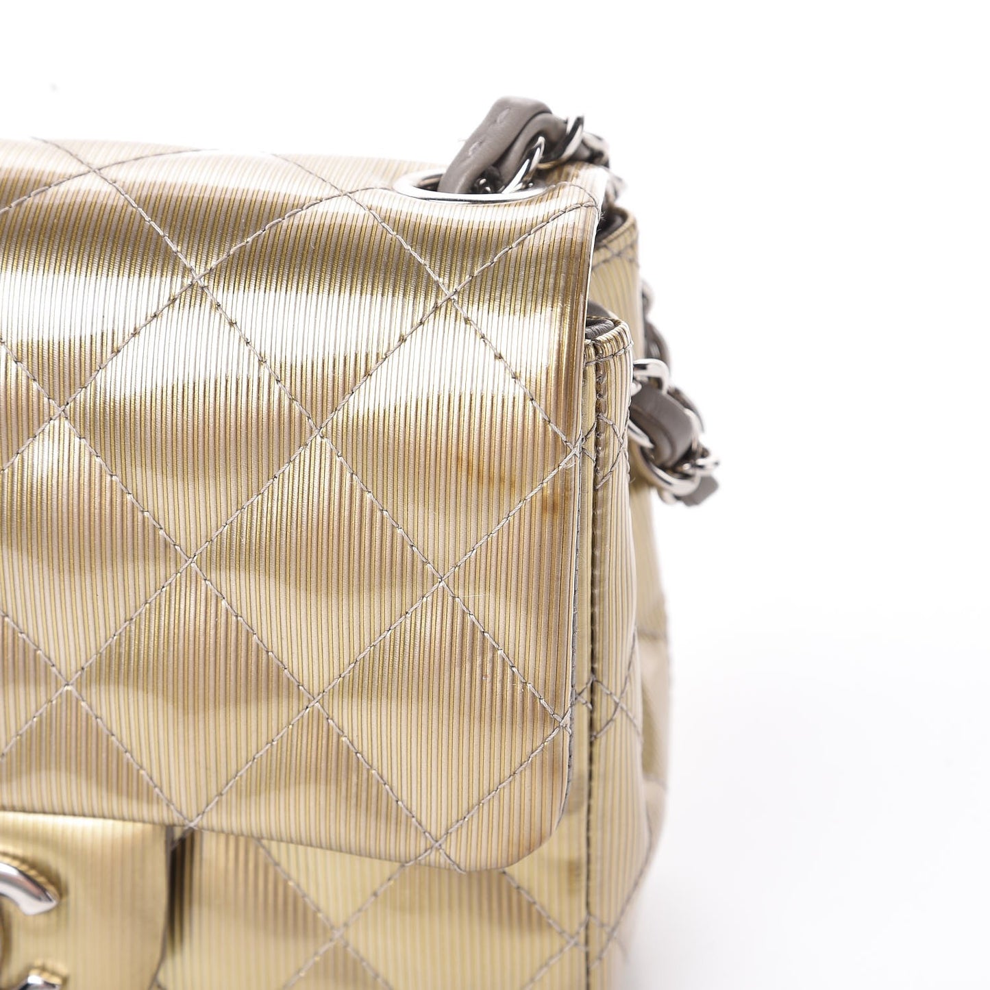 Striated Patent Quilted Mini Square Flap Gold