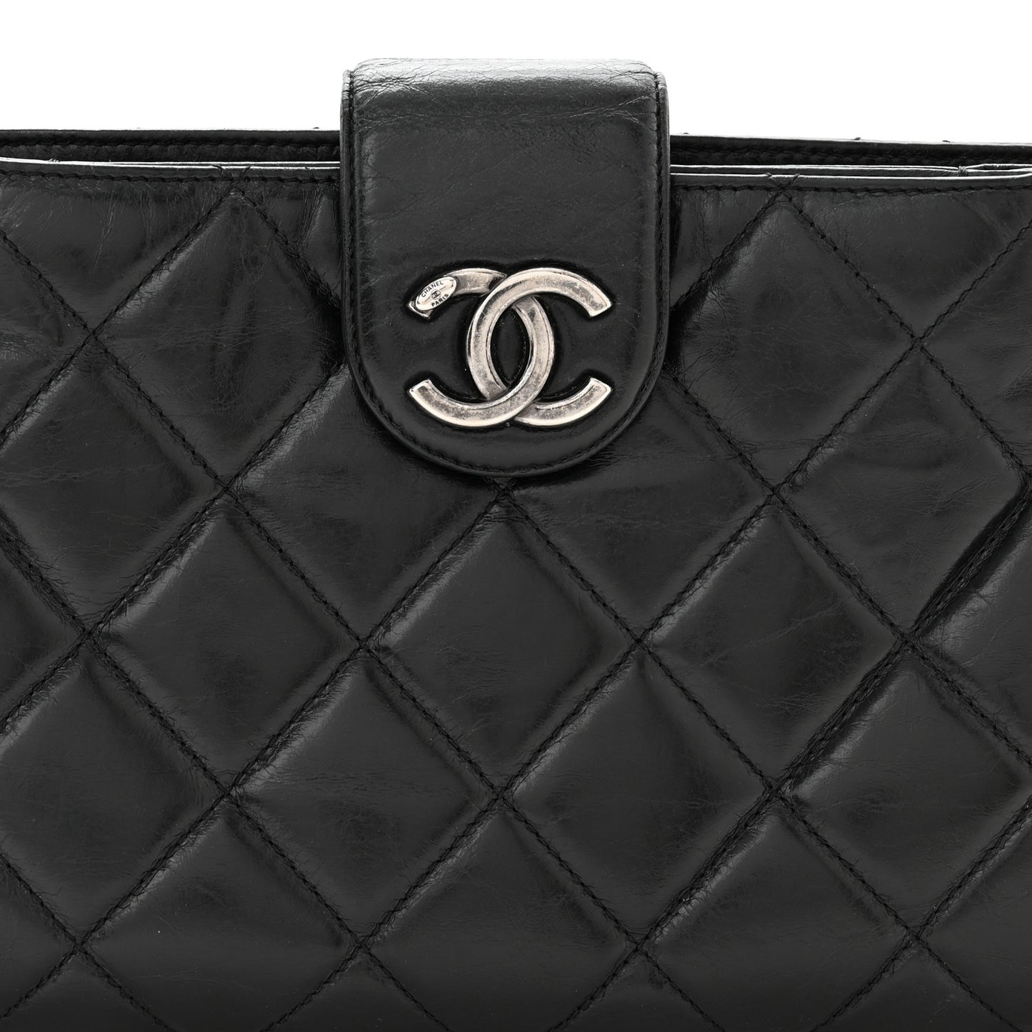 Aged Calfskin Quilted Zip Clutch Black