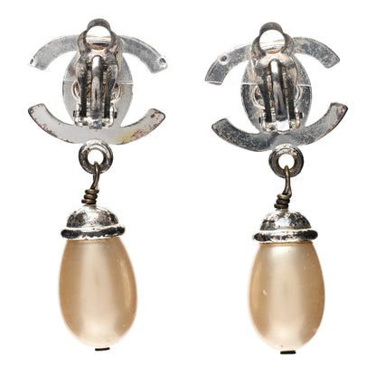 Chanel Crystal Pearl CC Turnlock Drop Earrings Silver Beige 3 of 4