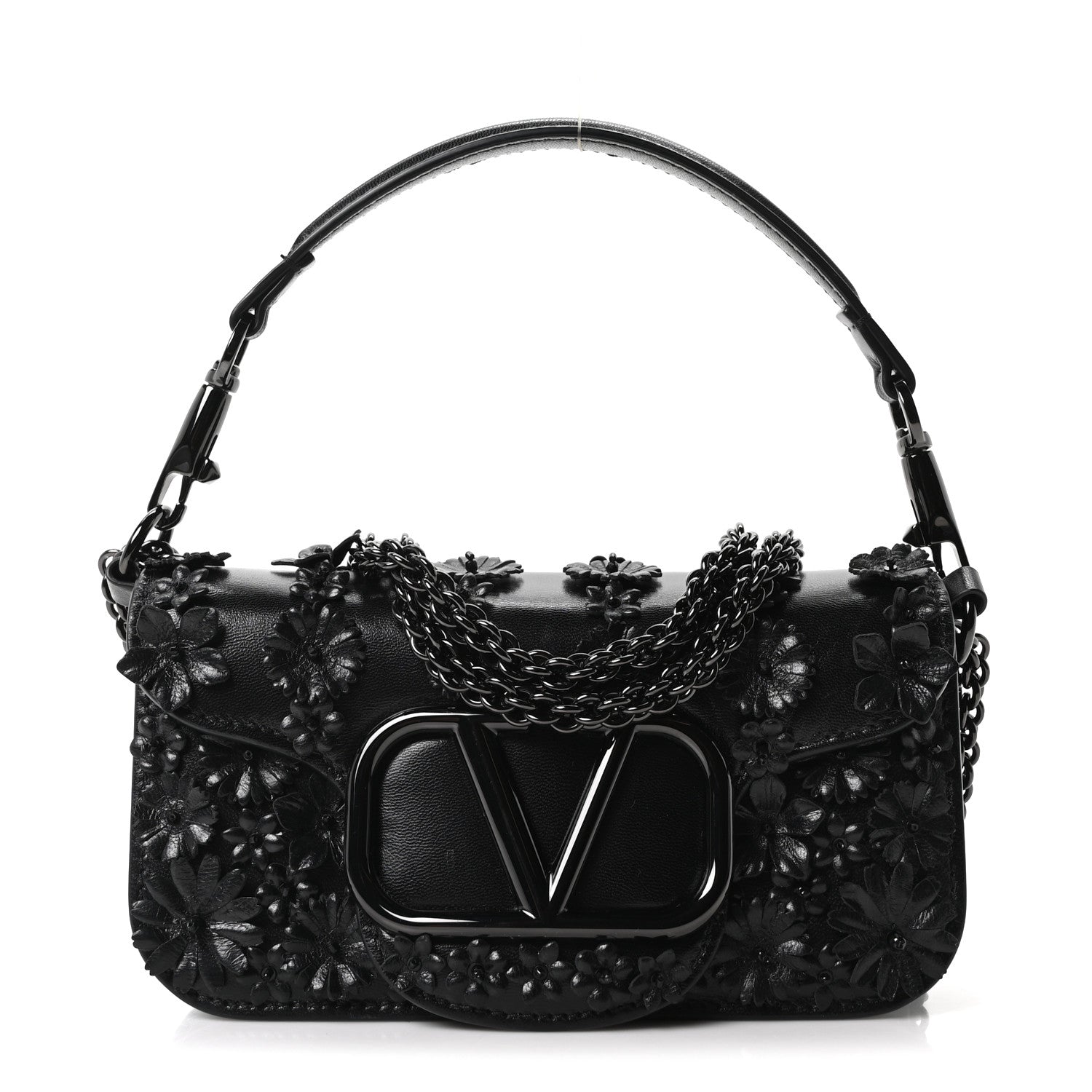 Valentino Garavani Calfskin Floral Embroidered Monochrome Vlogo Small Loco Shoulder Bag Black 1 of 17