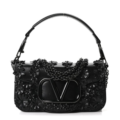 Valentino Garavani Calfskin Floral Embroidered Monochrome Vlogo Small Loco Shoulder Bag Black 1 of 17