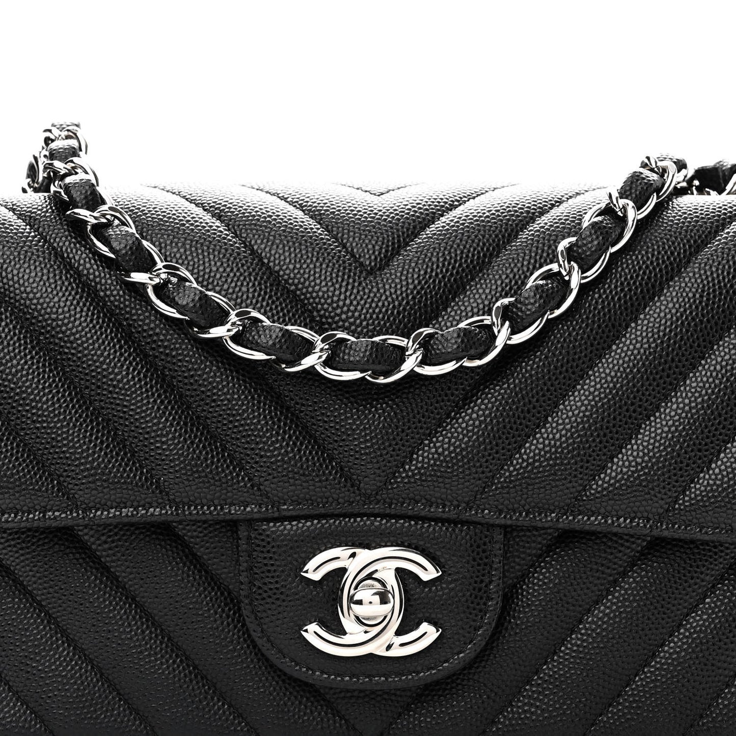 Caviar Chevron Quilted Mini Rectangular Flap Black