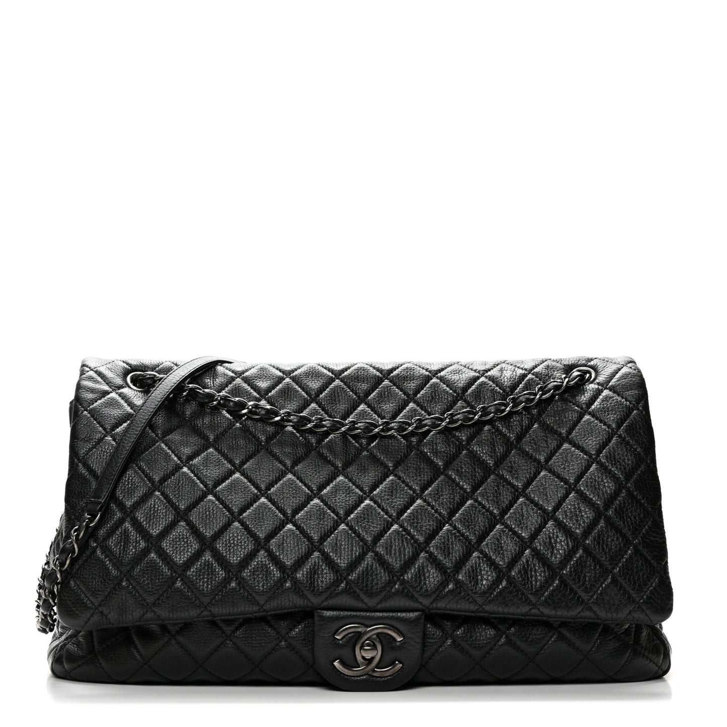 Calfskin Quilted XXL Travel Flap Bag Black