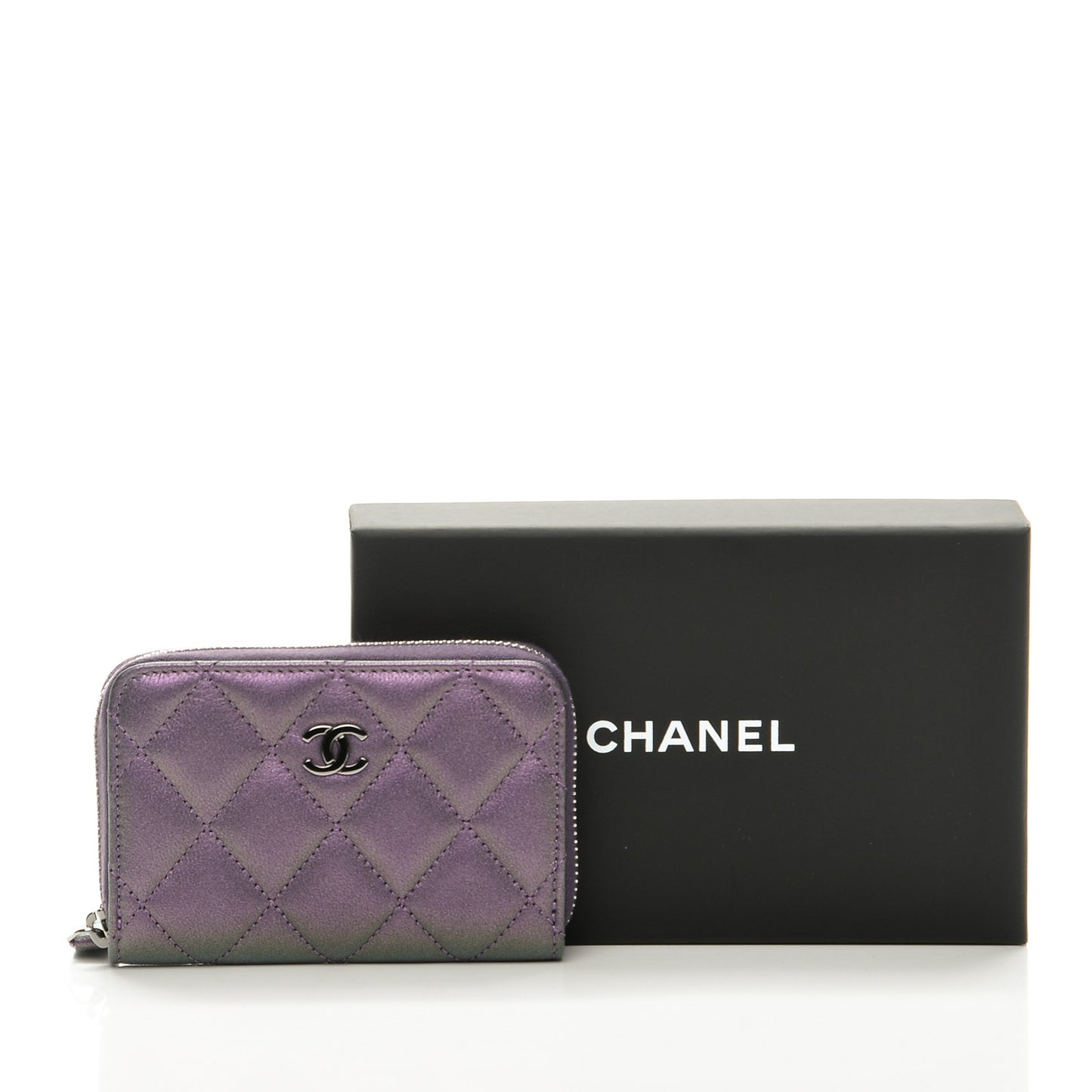 Metallic Lambskin Quilted Zip Around Coin Purse Wallet Dark Purple