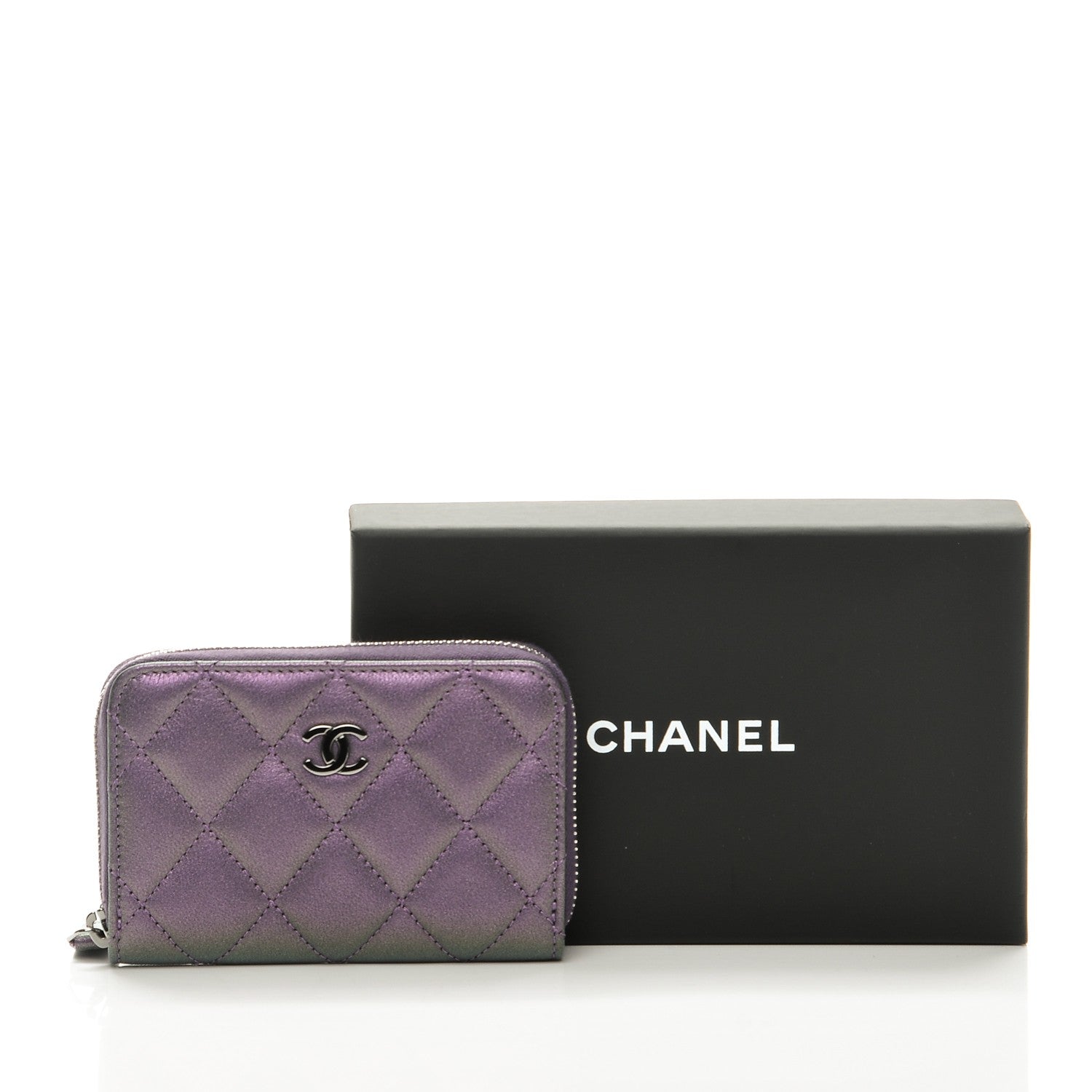 Chanel Metallic Lambskin Quilted Zip Around Coin Purse Wallet Dark Purple 8 of 8