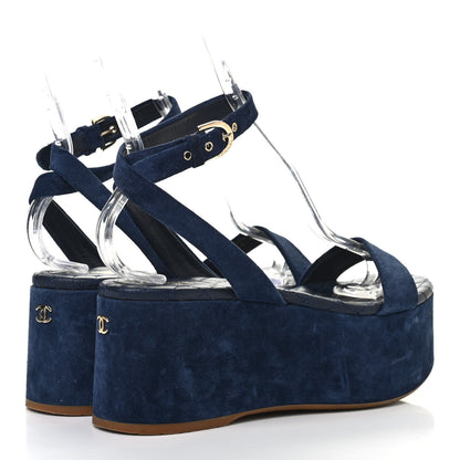 Chanel Suede Calfskin Platform Wedge Sandals 39 Blue 4 of 8