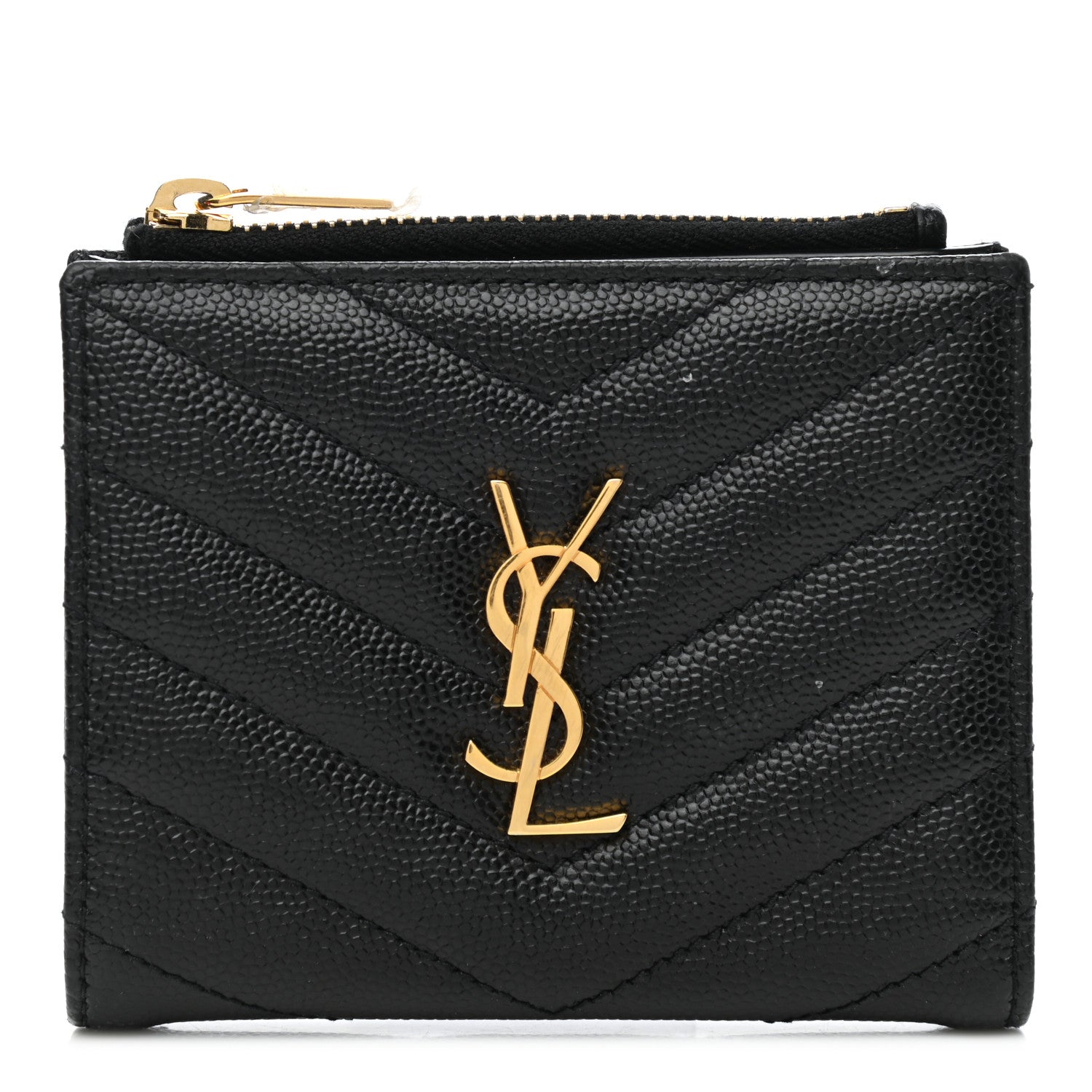 Saint Laurent Grain De Poudre Matelasse Chevron Monogram Zipped Card Case Black 1 of 9