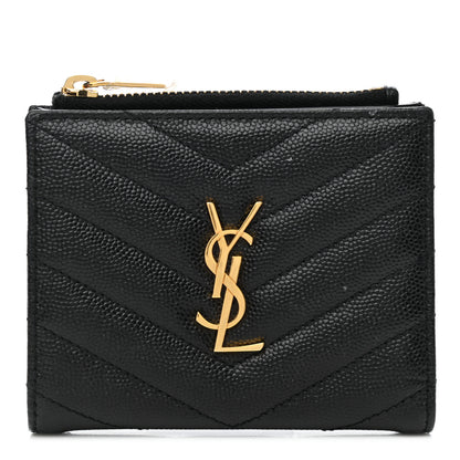 Saint Laurent Grain De Poudre Matelasse Chevron Monogram Zipped Card Case Black 1 of 9