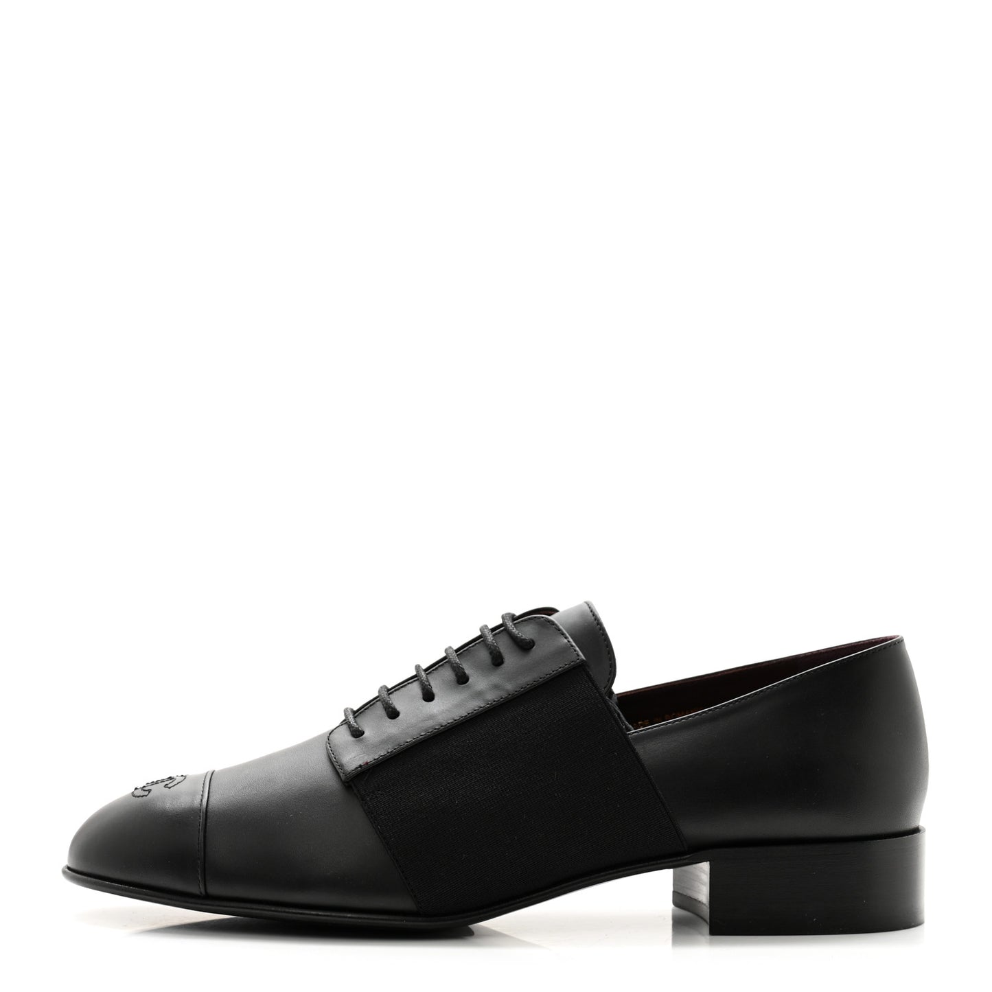 Calfskin Elastic Lace Up Cap Toe CC Loafers 40 Black