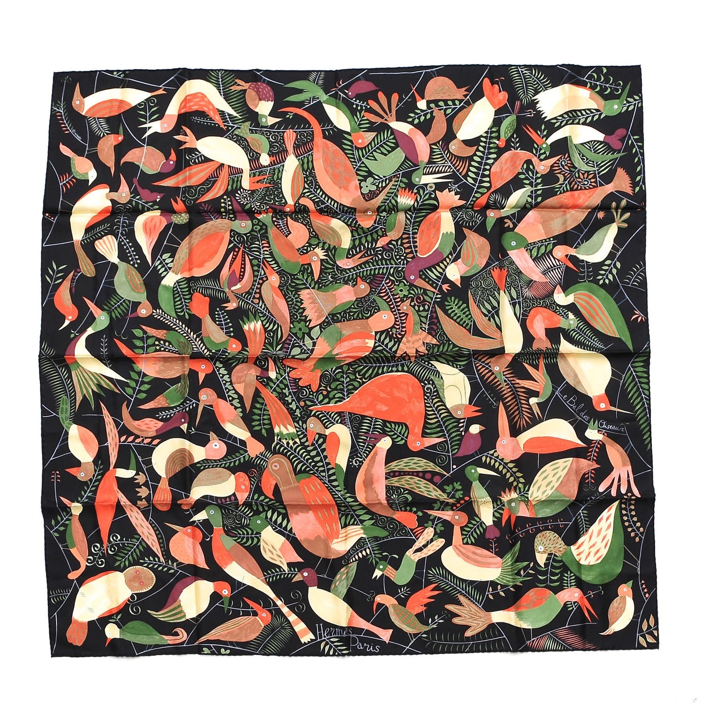 Silk Le Bal Des Oiseaux Scarf 90 Noir Vert Corail
