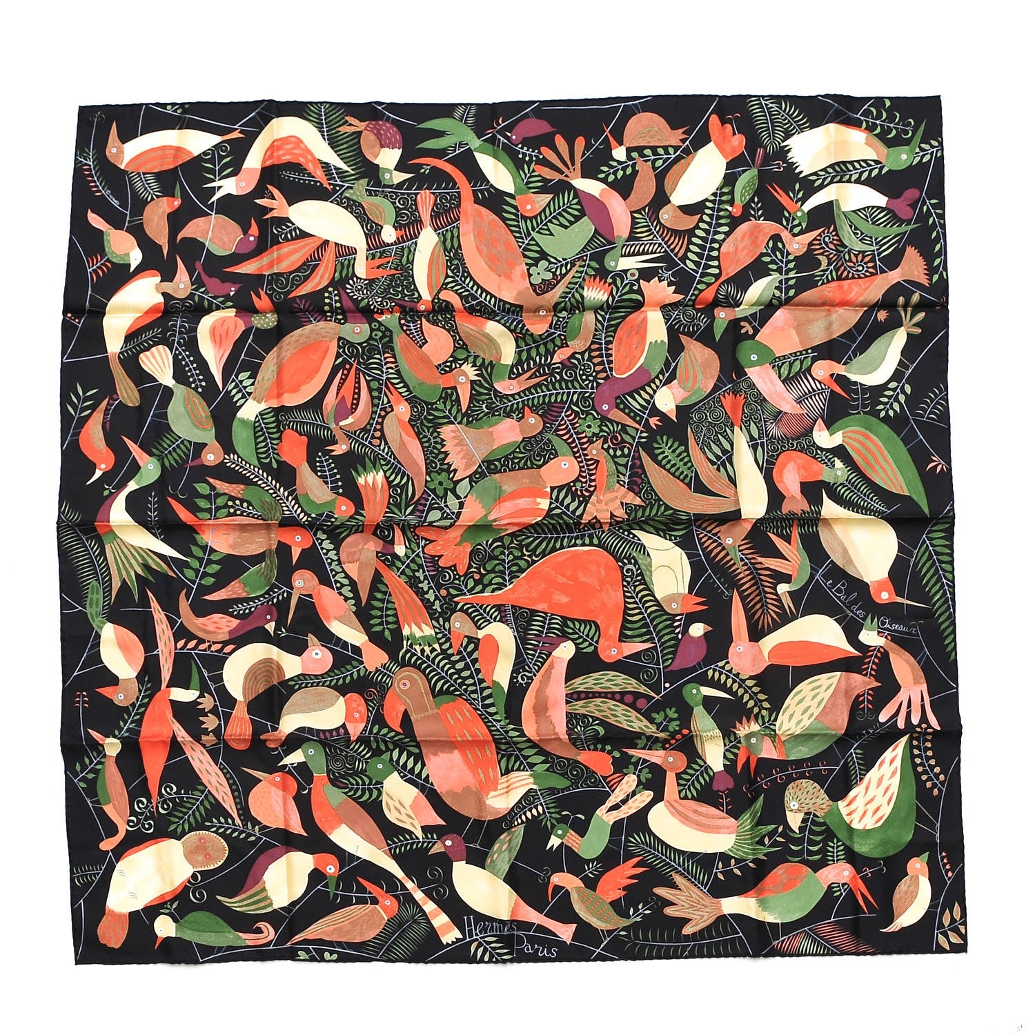 Hermes Silk Le Bal Des Oiseaux Scarf 90 Noir Vert Corail 1 of 4