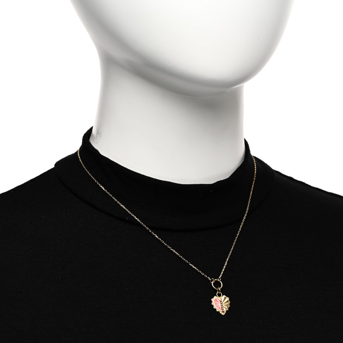 18K Yellow Gold Enamel Reflection Heart Love Token Drop Necklace
