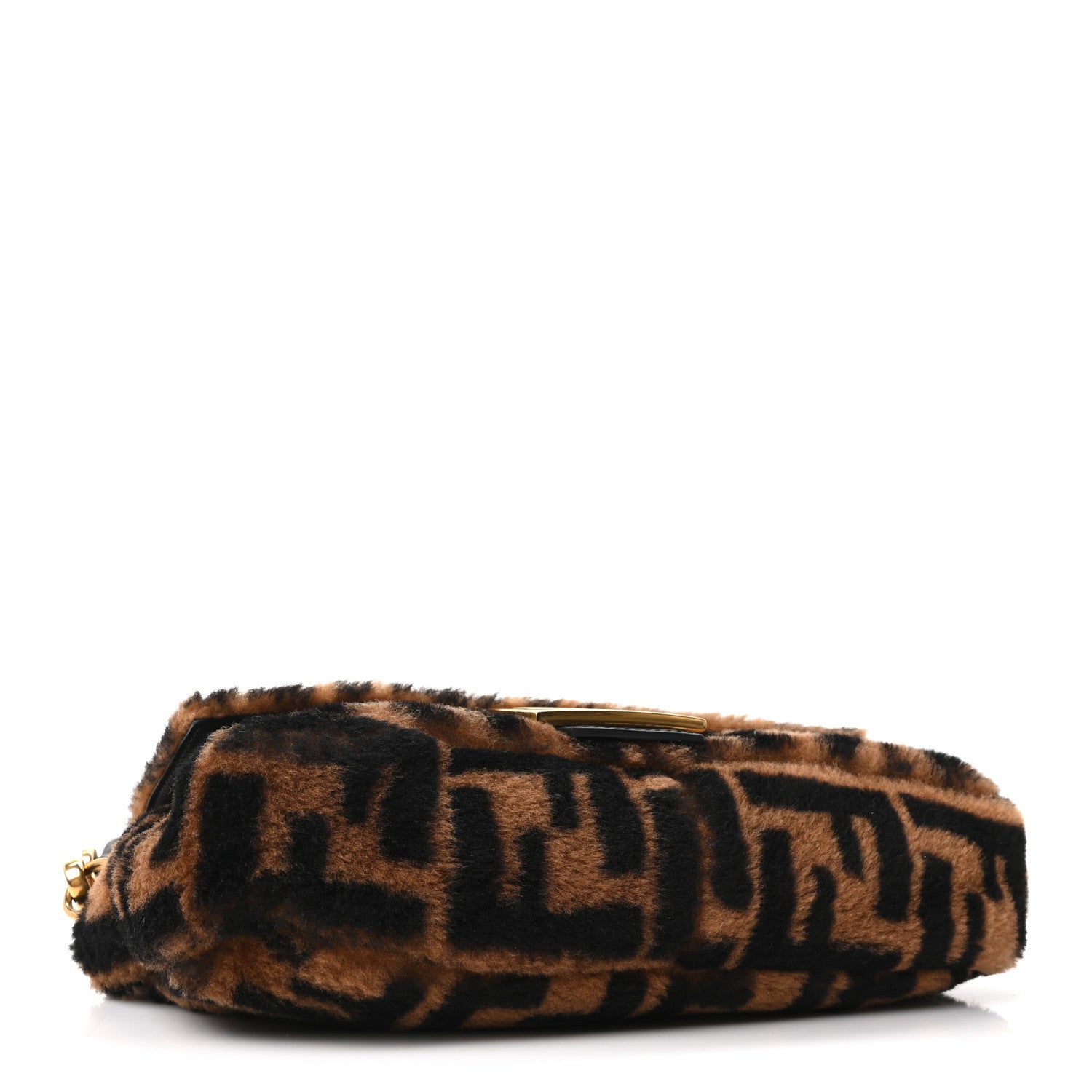 Fendi Shearling Vitello Dolce Macro FF 1974 Baguette Tobacco Black