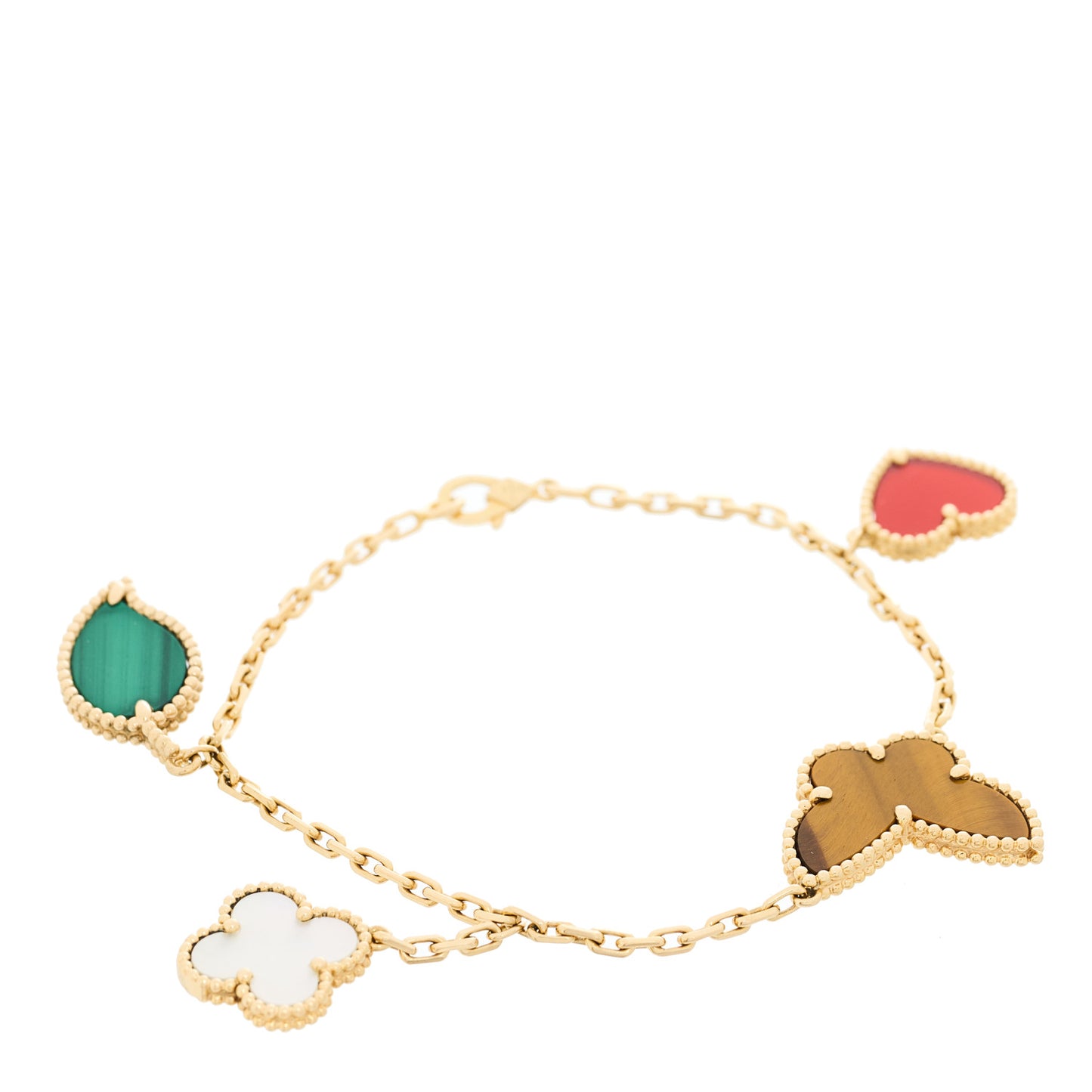 18K Yellow Gold Mother of Pearl Malachite Carnelian Tiger Eye 4 Motifs Lucky Alhambra Bracelet