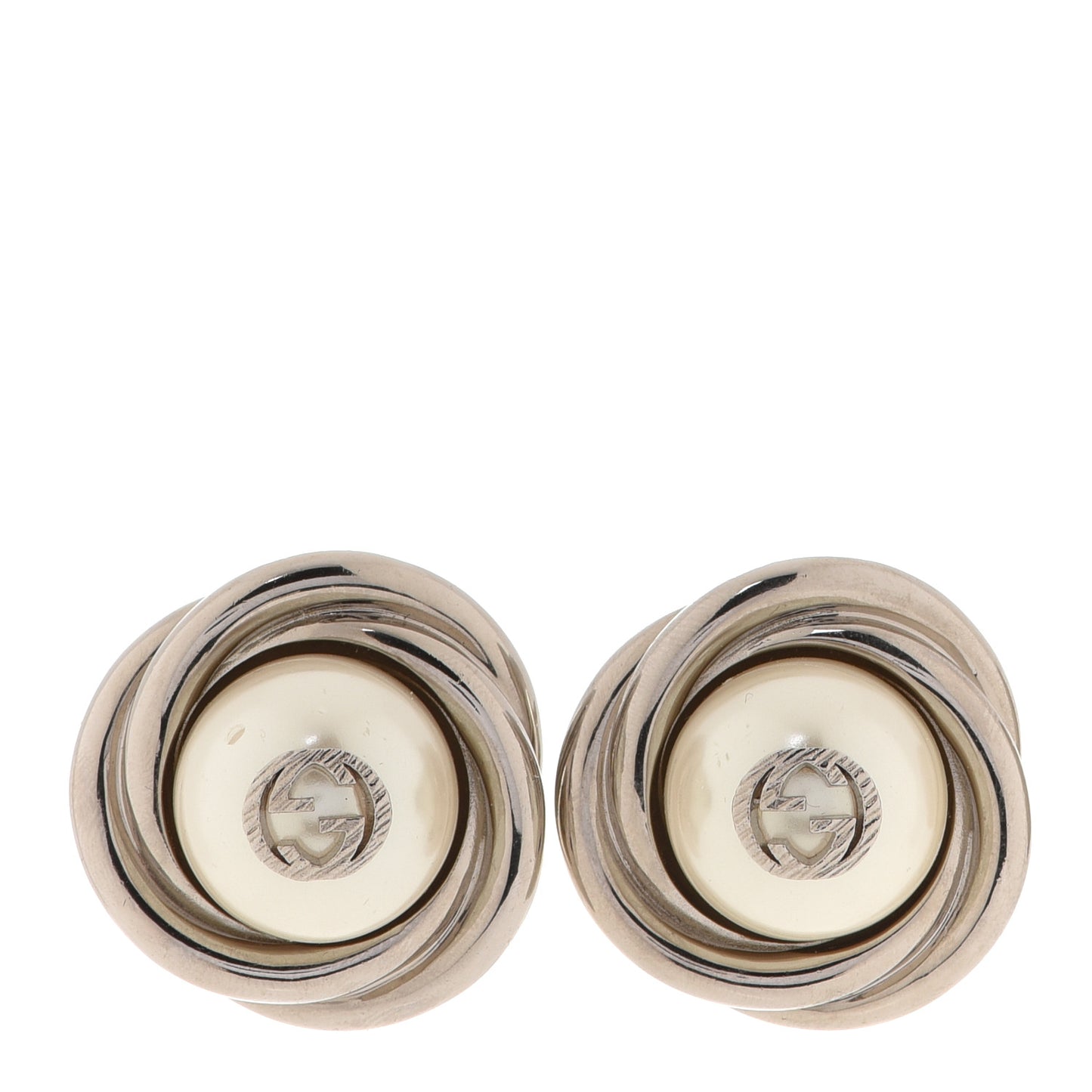 Metal Pearl Interlocking G Round Clip On Earrings Silver