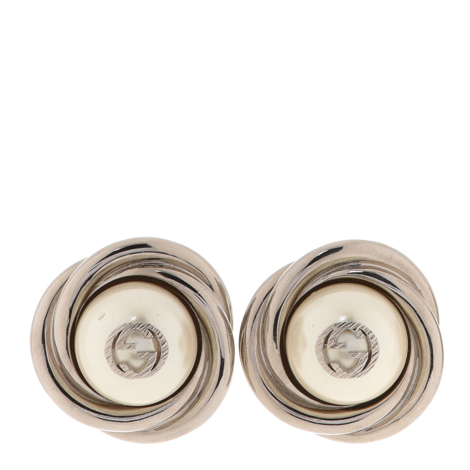 Gucci Metal Pearl Interlocking G Round Clip On Earrings Silver 1 of 6