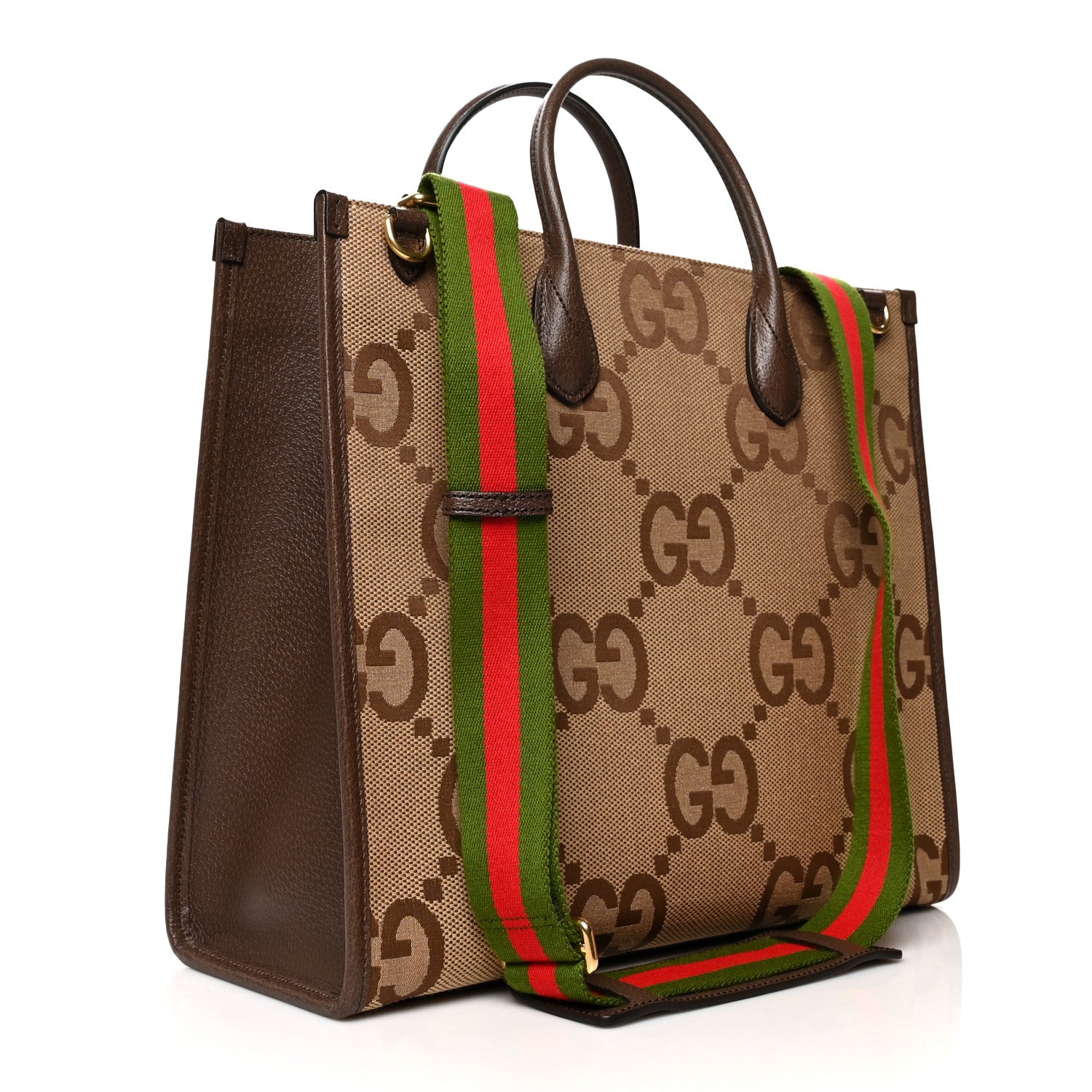 Gucci Monogram Jumbo GG Textured Dollar Calfskin Web Tote Bag Camel Ebony New Acero 3 of 10