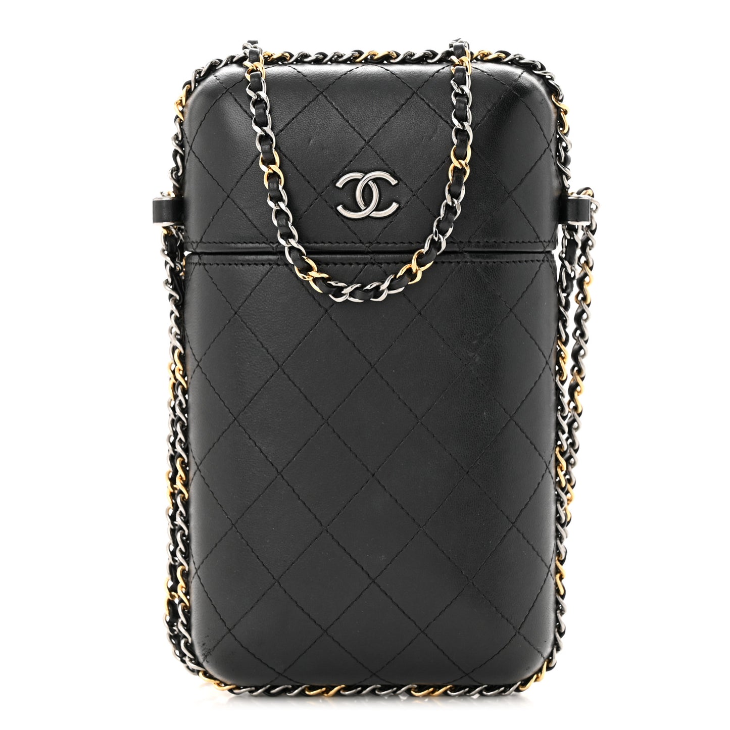 Lambskin Quilted Chain Around Phone Holder Black