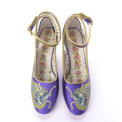 Gucci Satin Embroidered Dragon Caspar Pumps 38 Purple Oro Vecchio Black 5 of 11