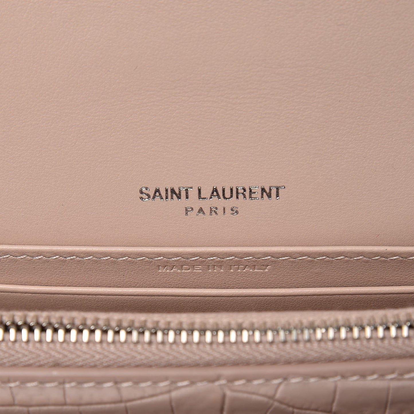 Calfskin Crocodile Embossed Monogram Sunset Chain Wallet Marble Pink