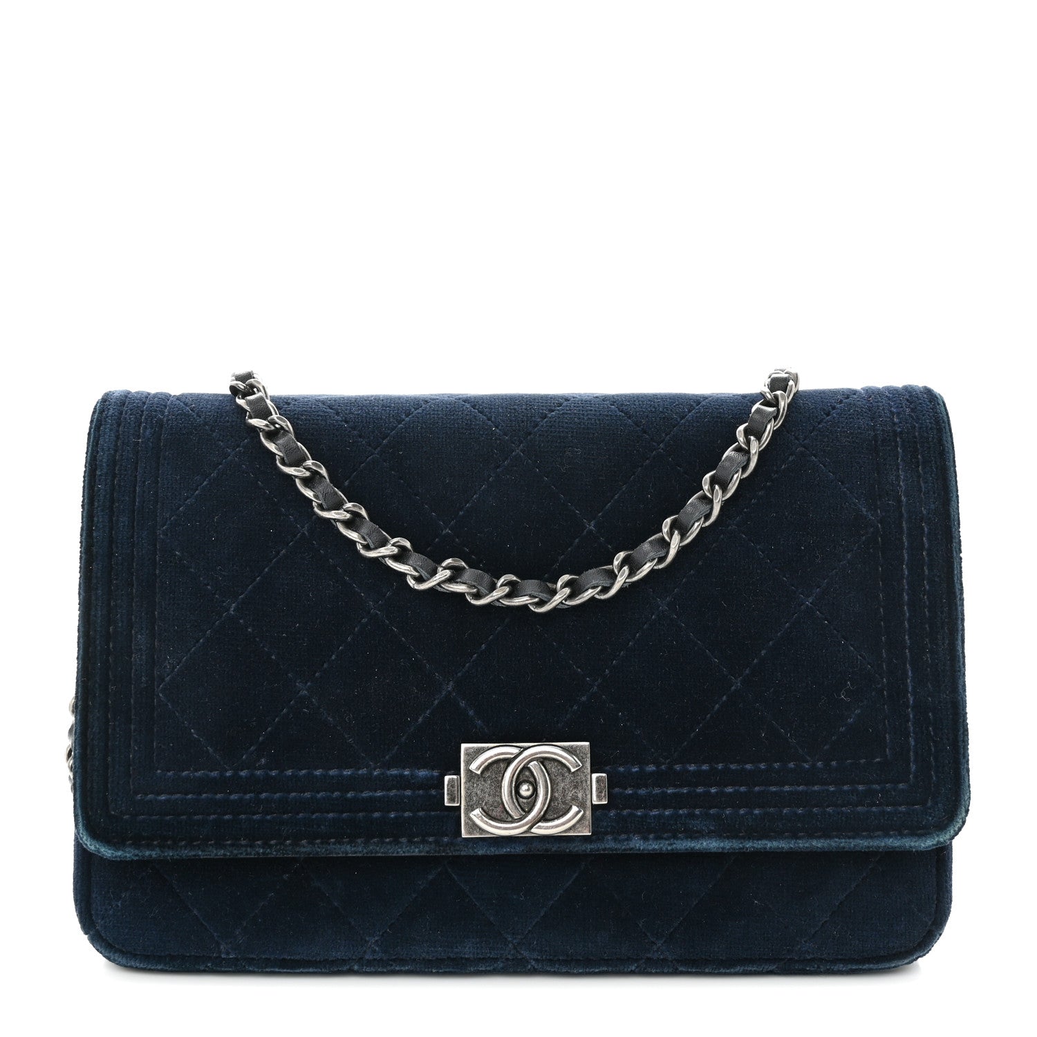 Chanel Velvet Quilted Boy Wallet On Chain WOC Blue 1 of 16