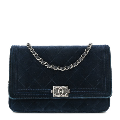 Chanel Velvet Quilted Boy Wallet On Chain WOC Blue 1 of 16