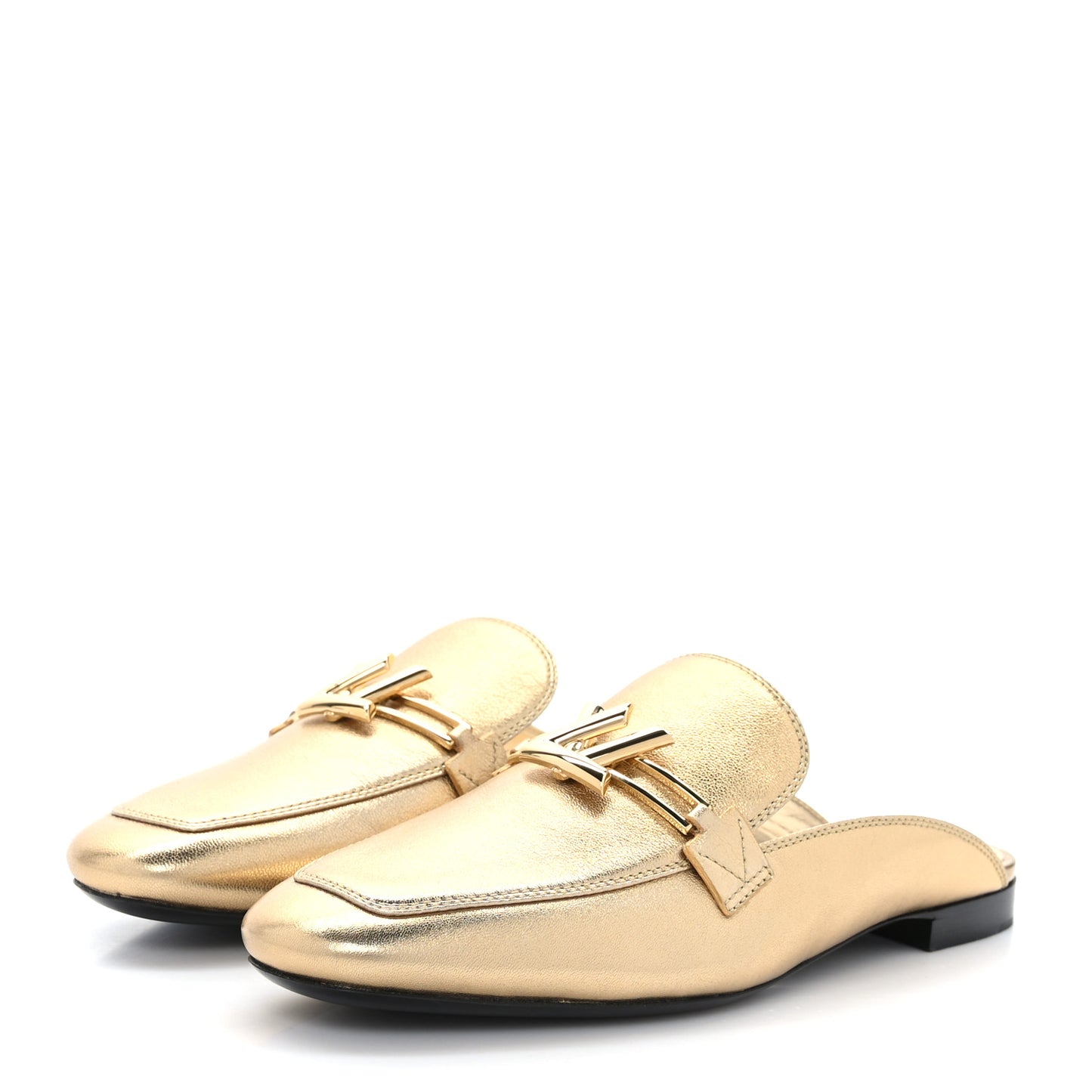 Metallic Lambskin Upper Case Open Back Flat Loafer 37 Gold
