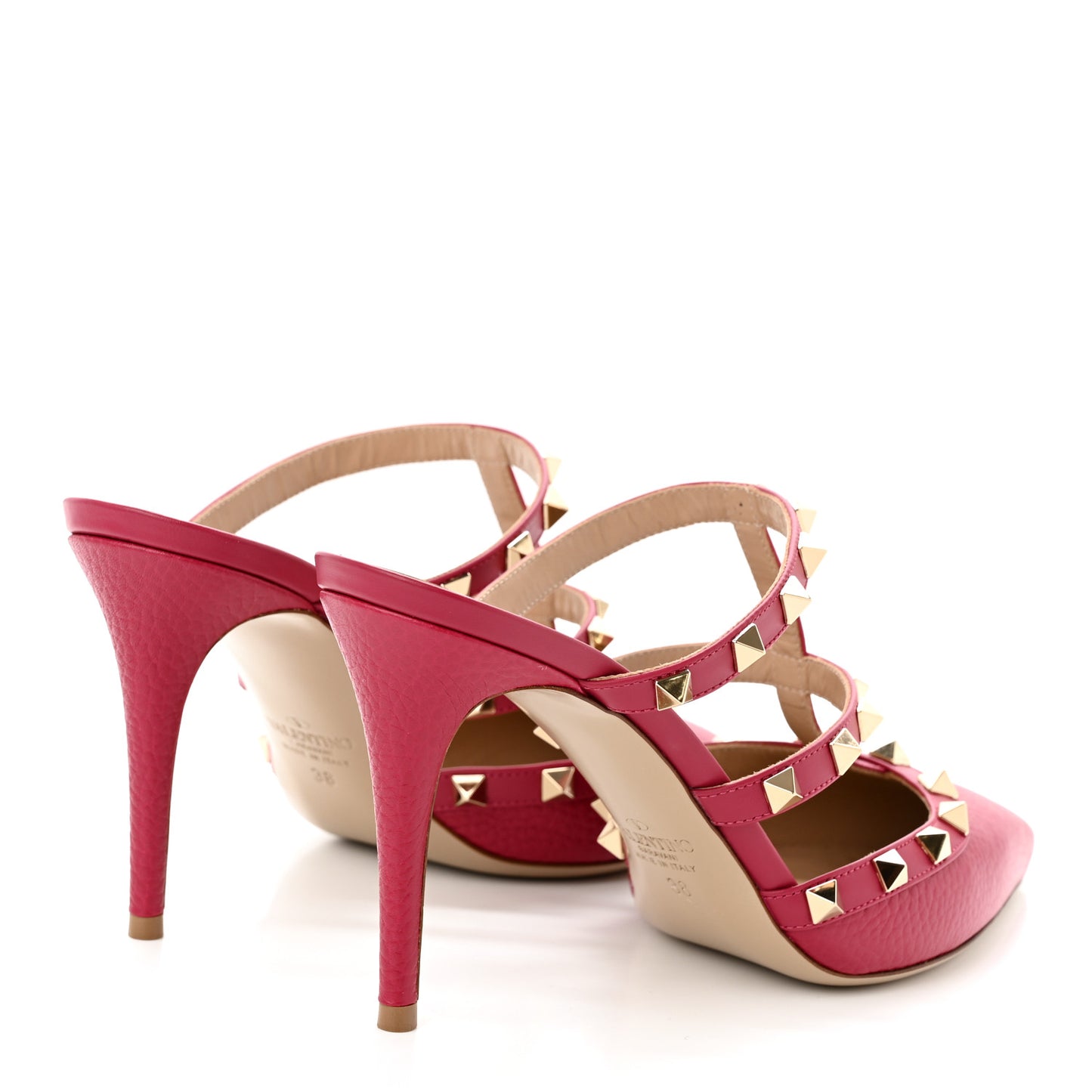Pebbled Calfskin Rockstud 90mm Cage Mules 38 Raspberry