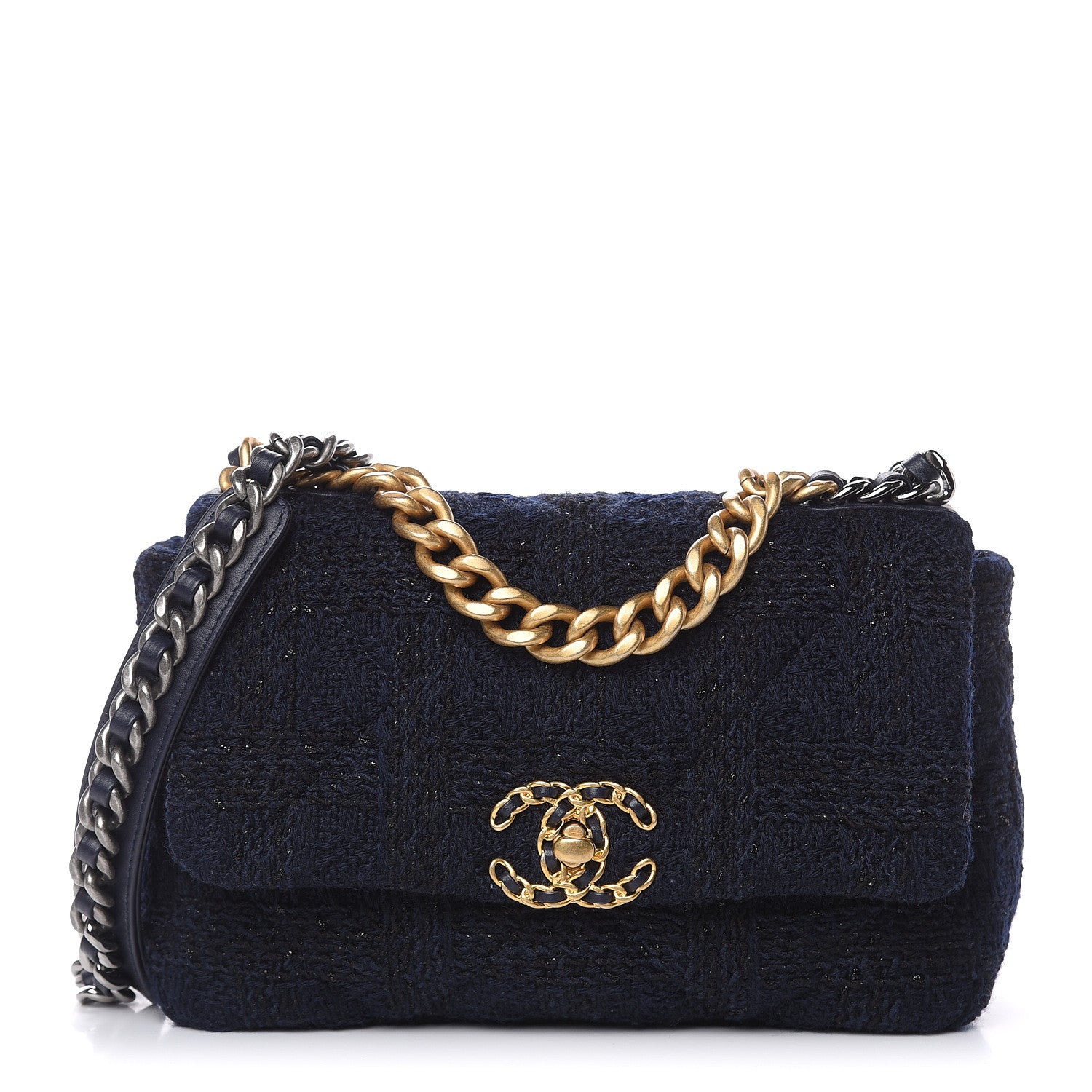Chanel Tweed Quilted Medium 19 Flap Navy Blue Black 1 of 10