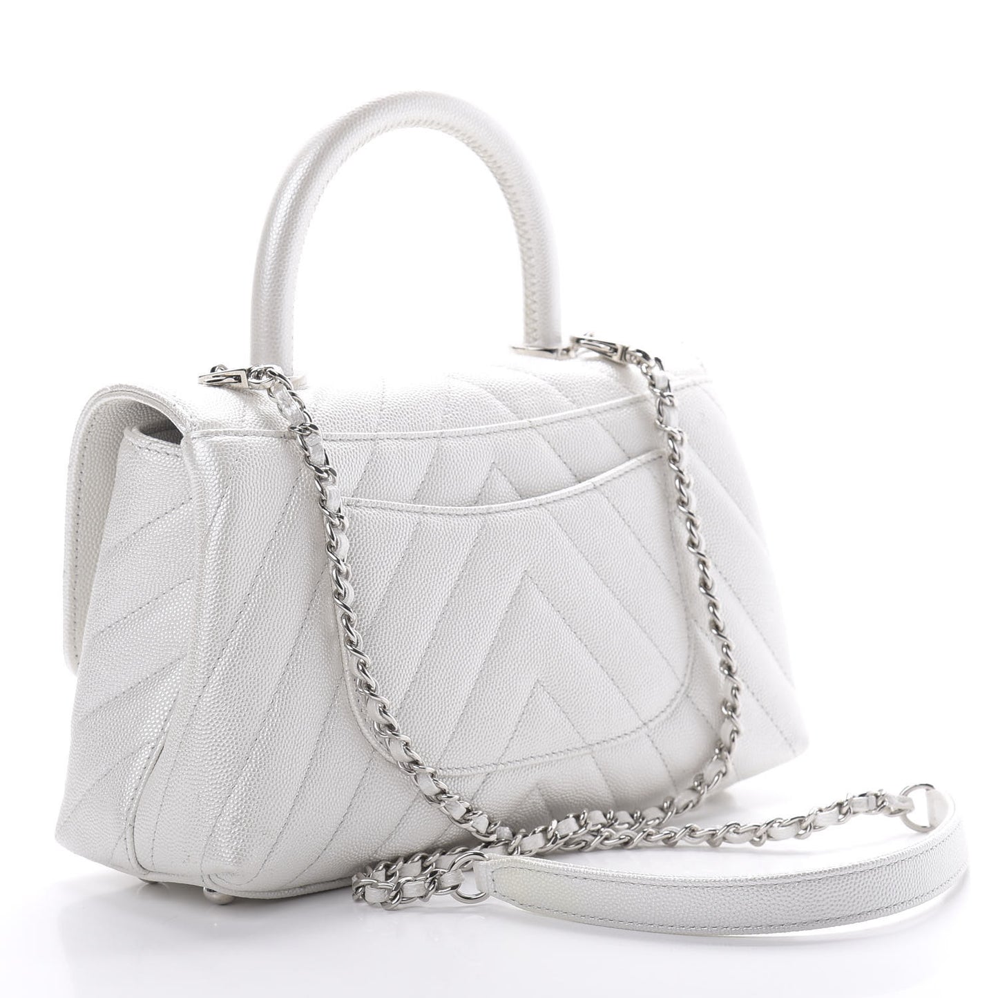 Iridescent Caviar Chevron Quilted Mini Coco Handle Flap White