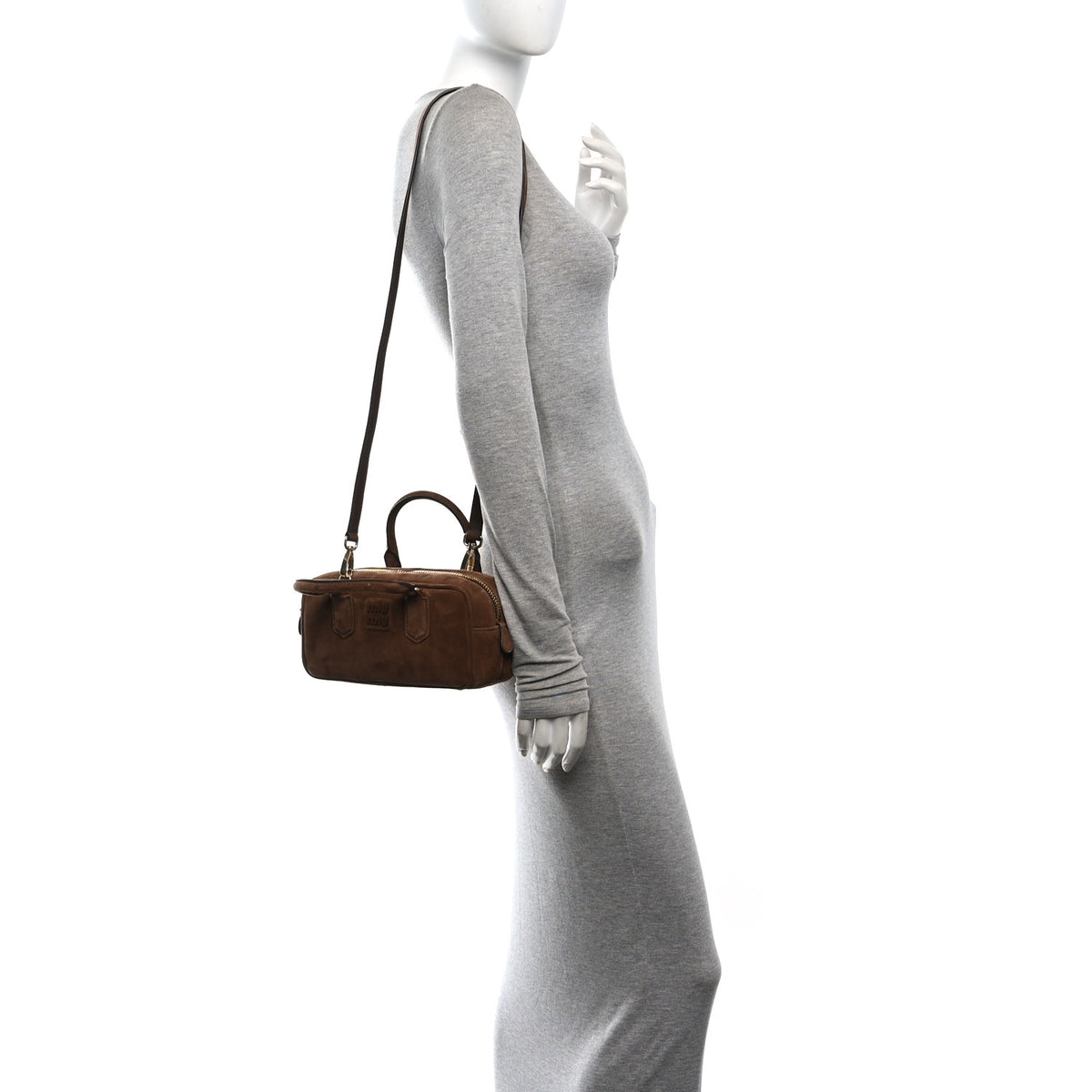 Miu Miu Suede Padded Regular Arcadie Top Handle Bag Cacao 2 of 10