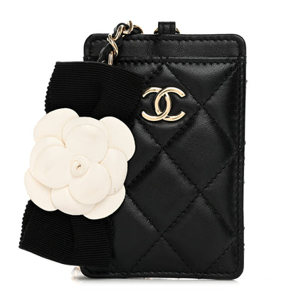 Chanel Lambskin Quilted Camellia Bow Card Holder On Chain Black 1 of 6