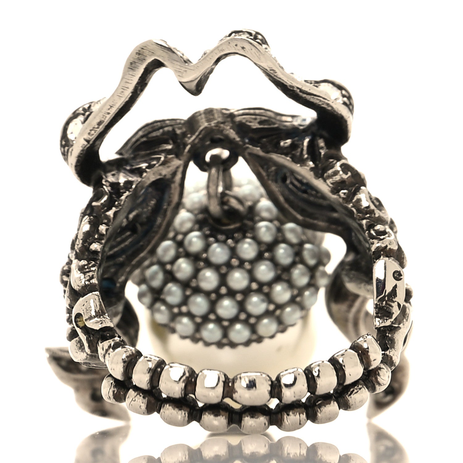 Gucci Metal Crystal Pearl Ring M 56/7.5 Silver 3 of 4