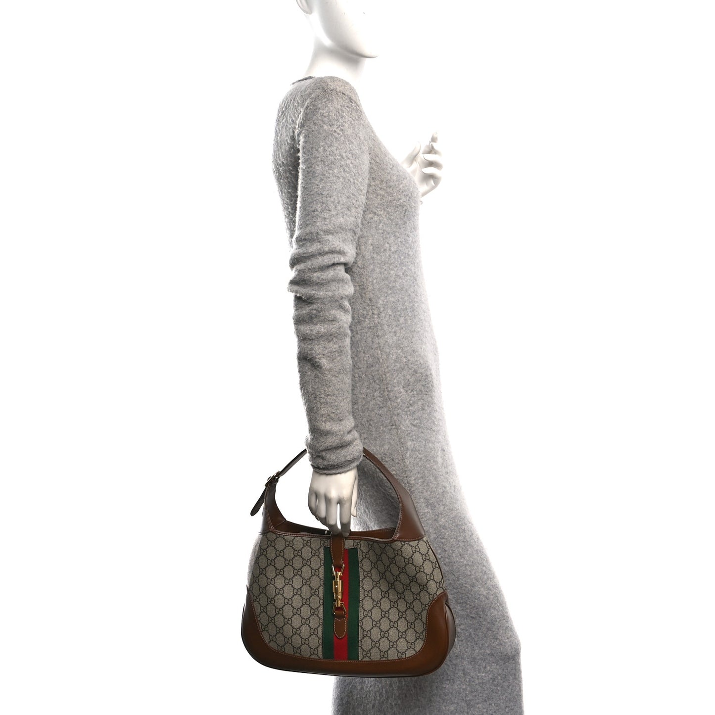 GG Supreme Monogram Azalea Calfskin Web Medium Jackie 1961 Hobo Beige Ebony Brown Sugar
