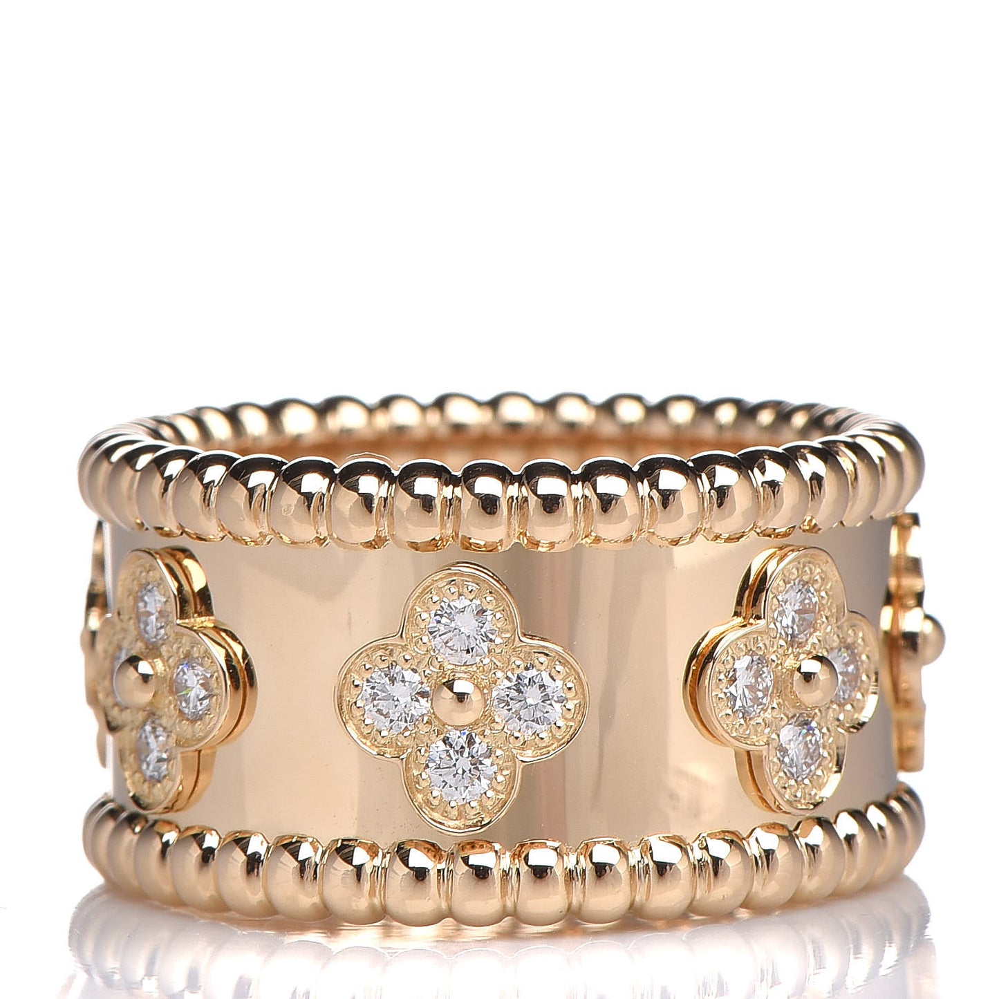 18K Yellow Gold Diamond Perlee Clovers Ring 50 5.25