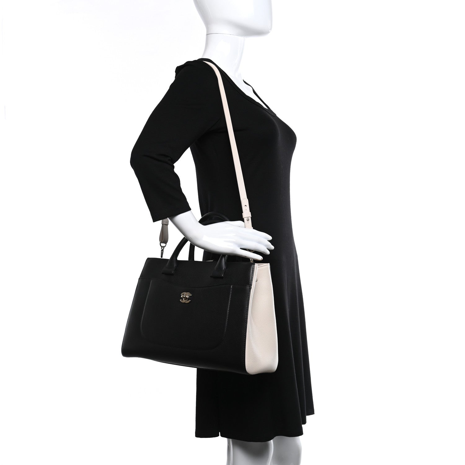 Chanel Grained Calfskin Small Bi-Color Neo Executive Shopper Tote Black Beige 2 of 9