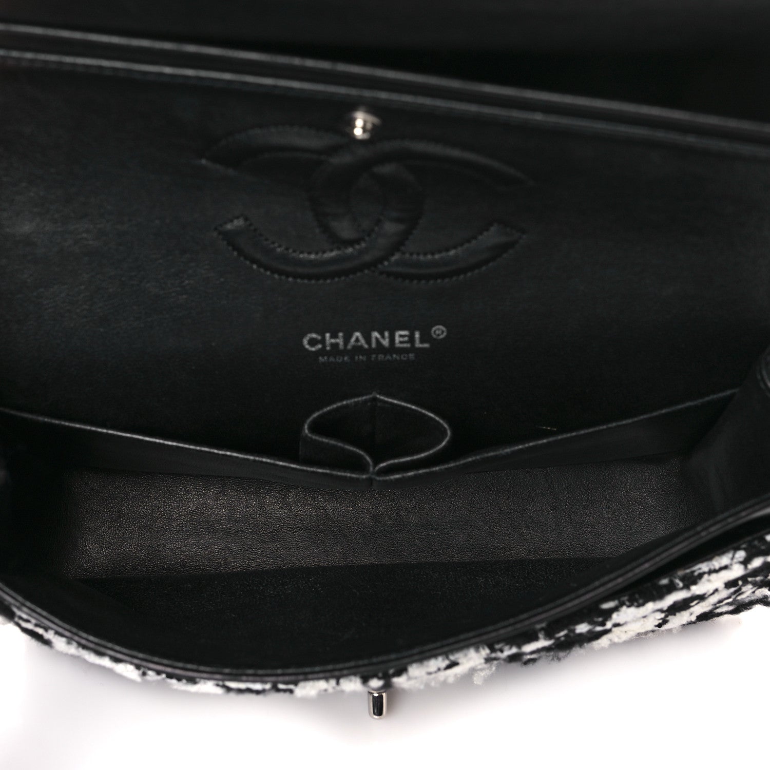 Chanel Tweed Quilted Medium Double Flap Black Ecru White 5 of 10