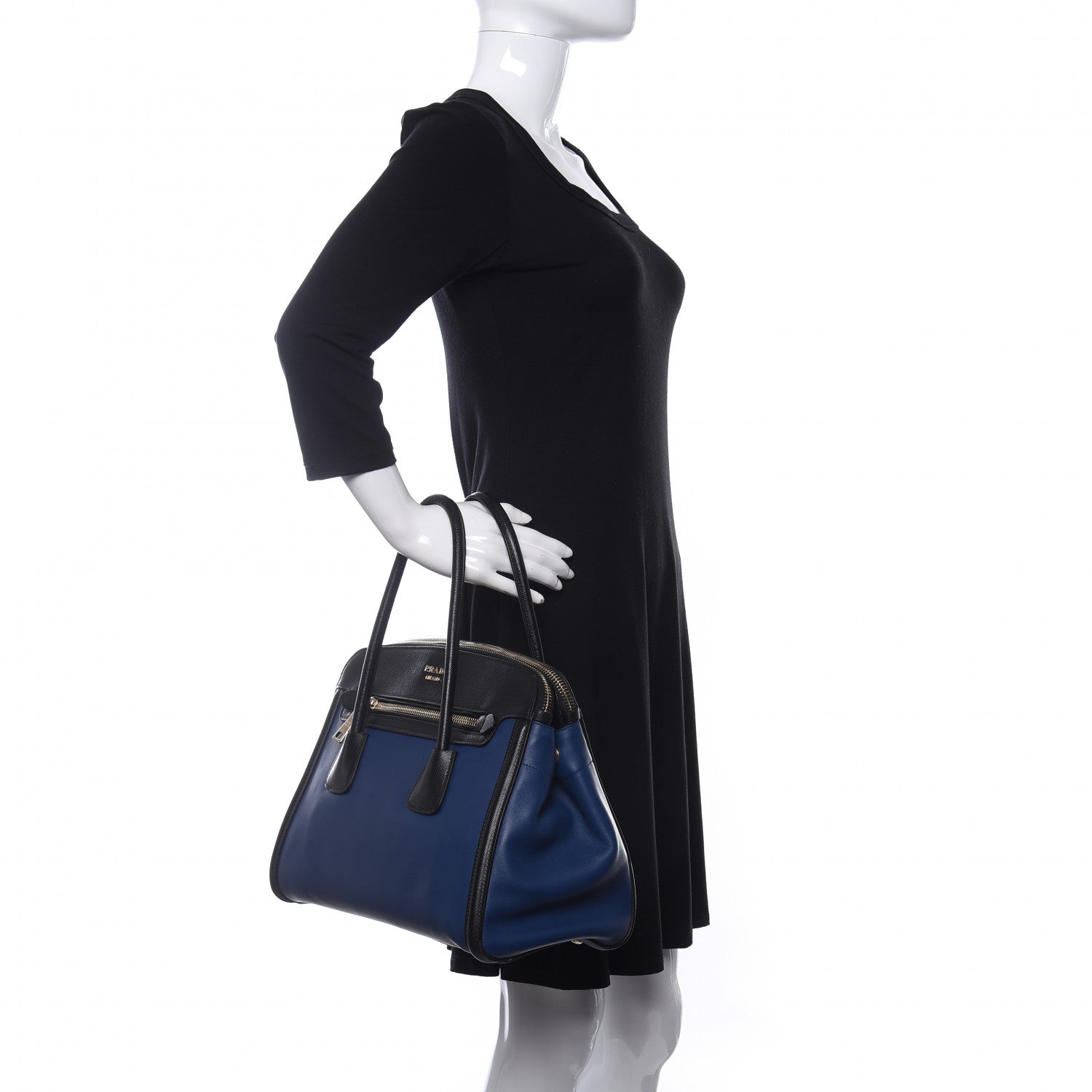 Prada Saffiano City Calfskin Bi-Color Tote Bluette Black 2 of 19
