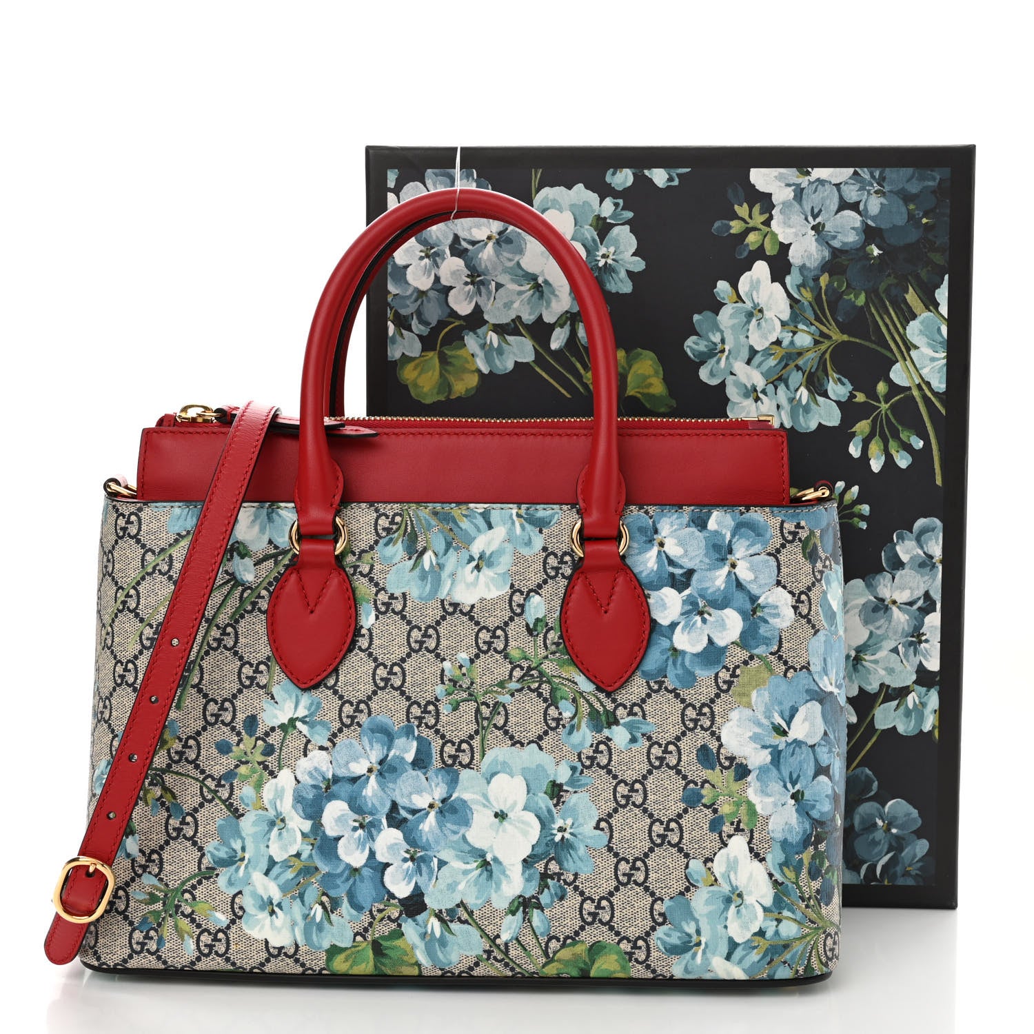 Gucci GG Supreme Monogram Blooms Medium Zip Top Tote Beige Blue Navy Hibiscus Red 12 of 12