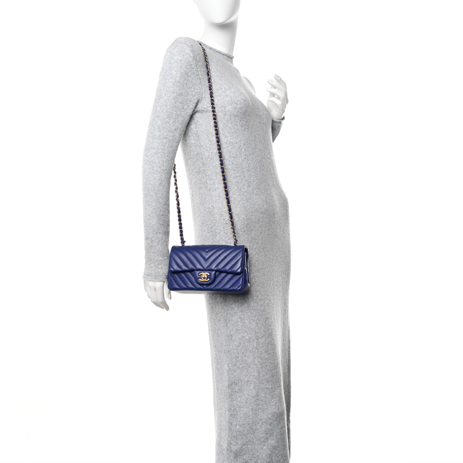 Chanel Lambskin Chevron Quilted Mini Rectangular Flap Dark Blue 2 of 14