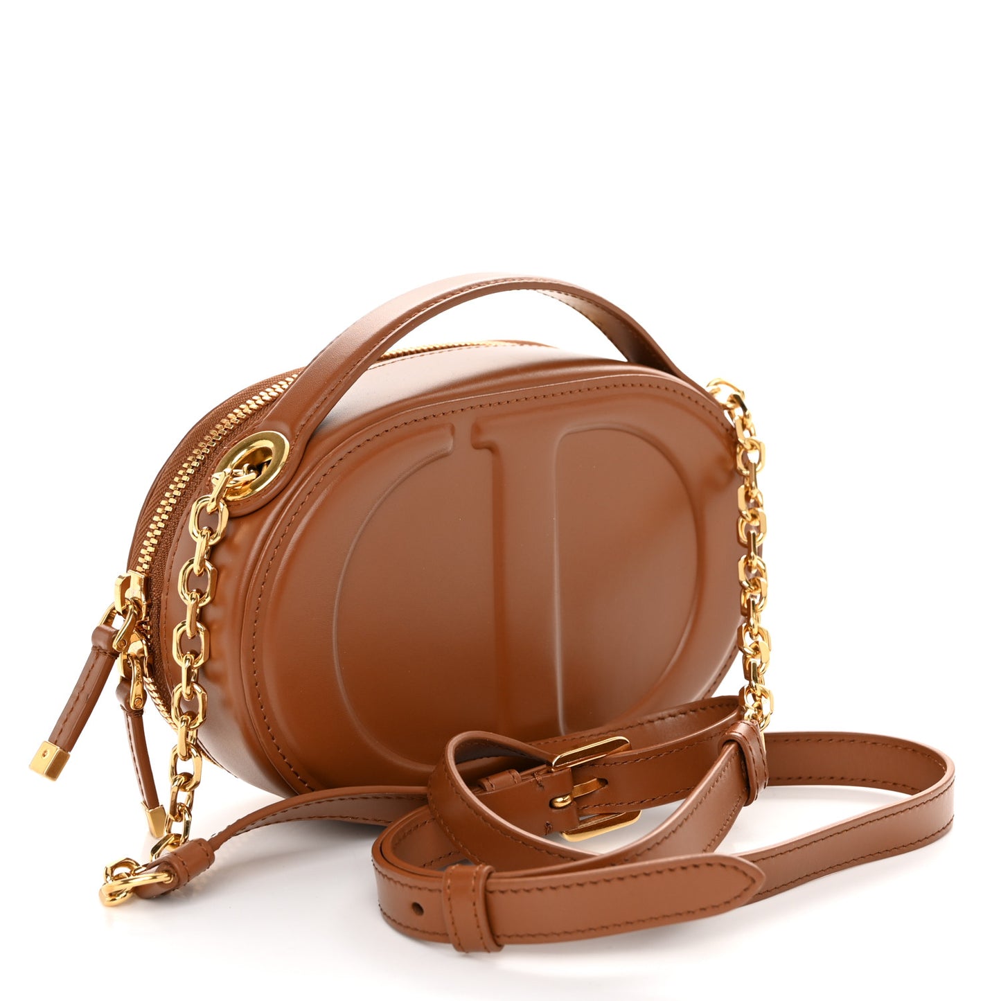 Calfskin CD Signature Oval Crossbody Camera Bag Brown