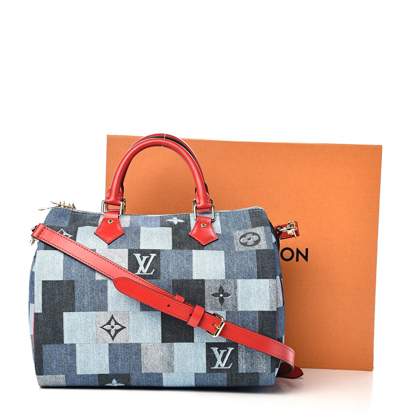 Denim Damier Monogram Patchwork Speedy Bandouliere 30 Blue Rouge