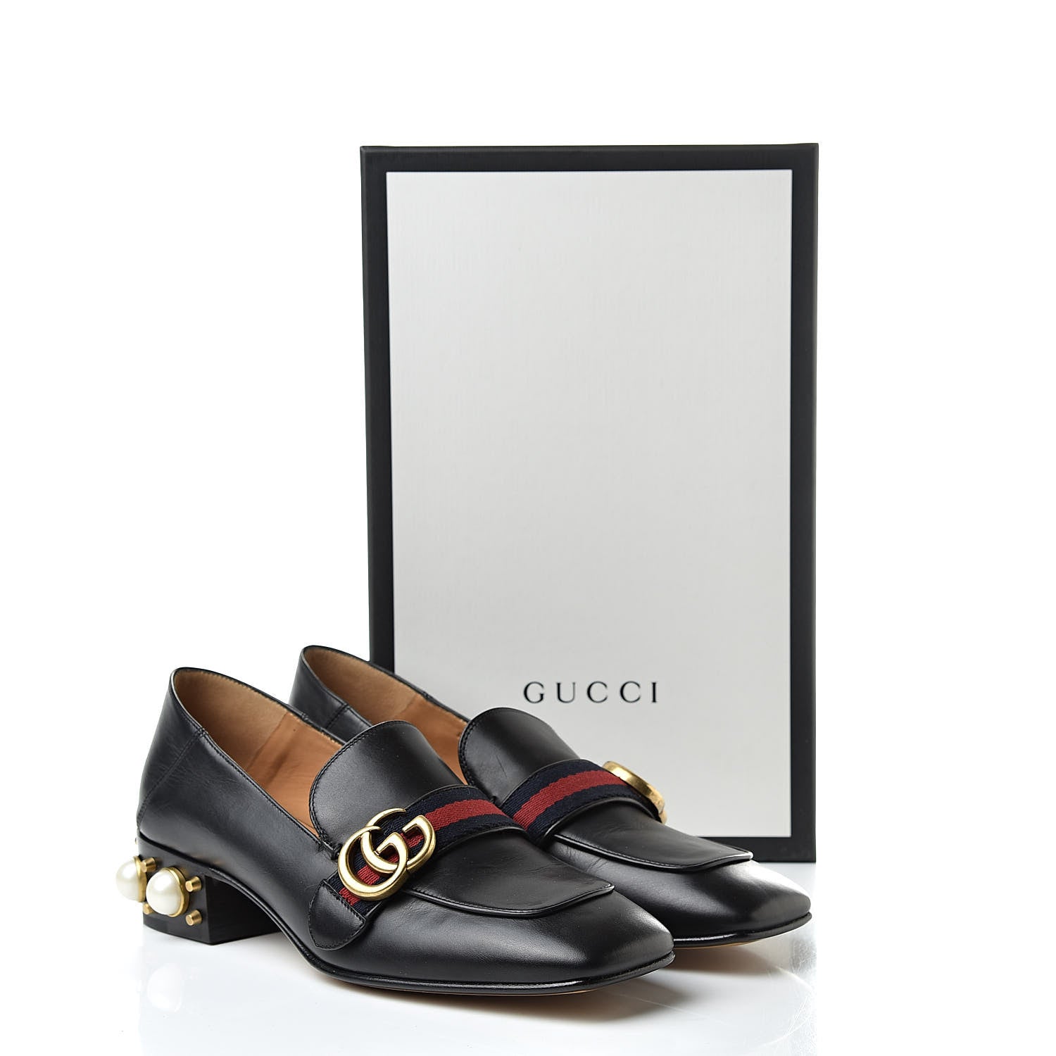 Gucci Betis Glamour Calfskin Web Pearl Embellished Peyton 35mm Loafer Pumps 39 Black 10 of 10