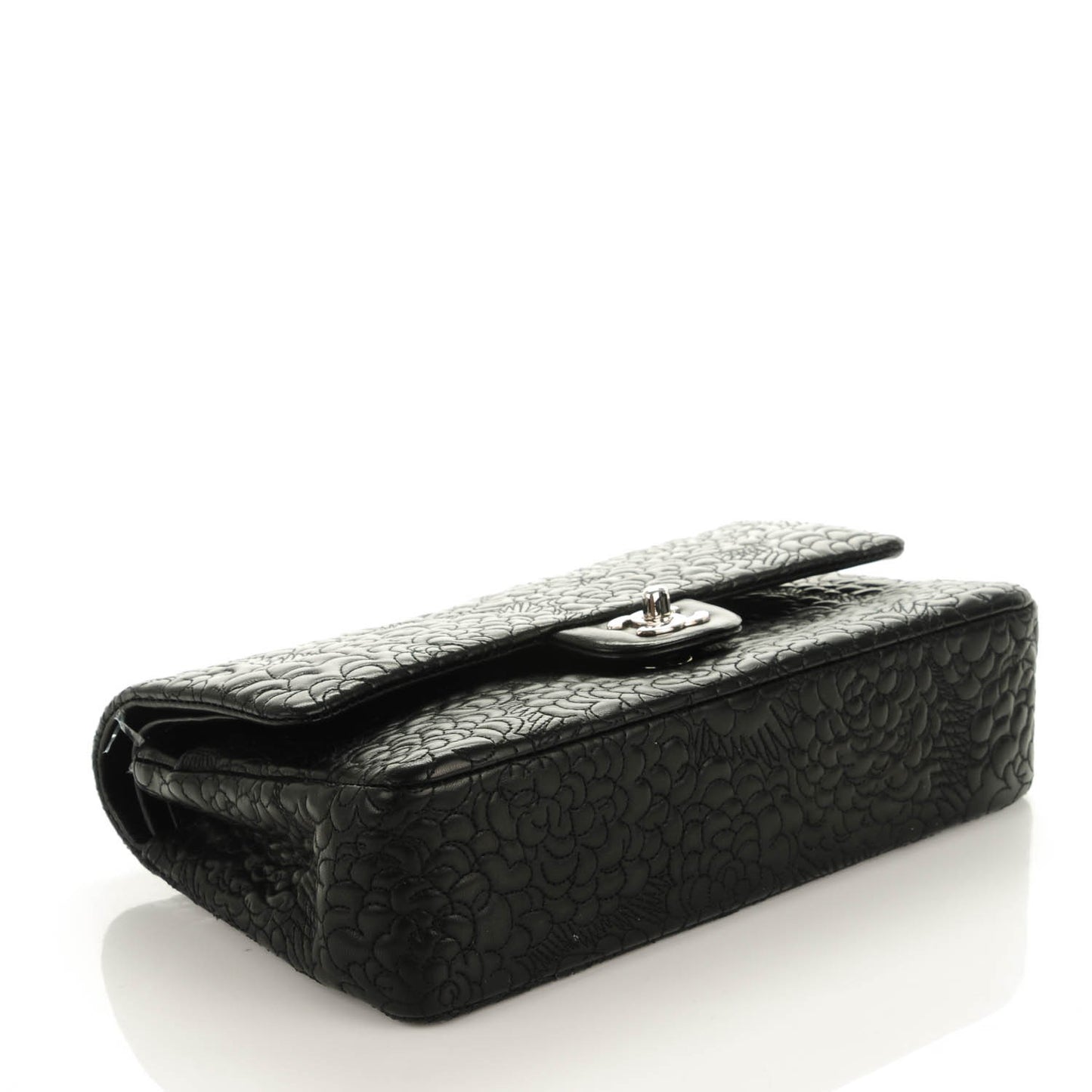Lambskin Camellia Stitched Medium Double Flap Black