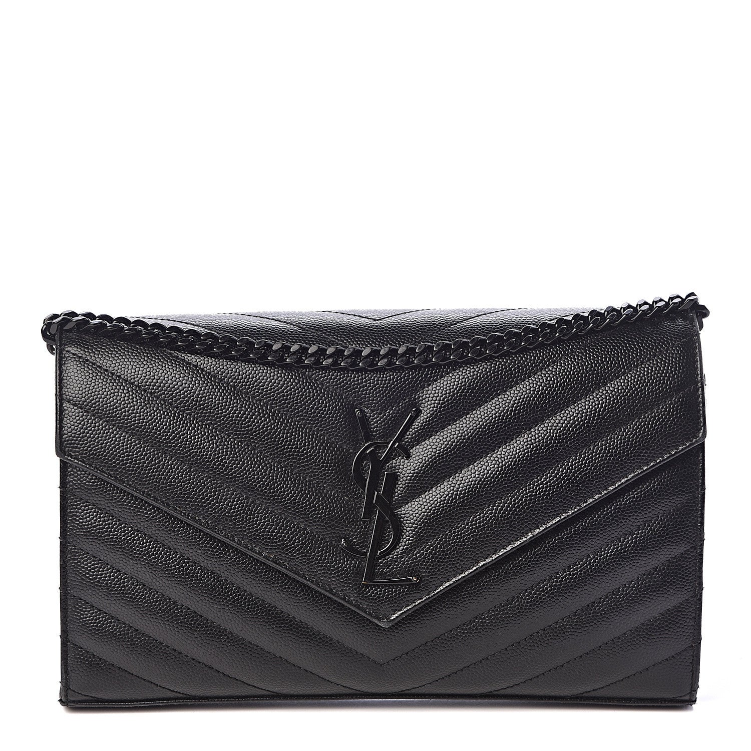 Saint Laurent Grain De Poudre Matelasse Chevron Monogram Chain Wallet Black 1 of 9