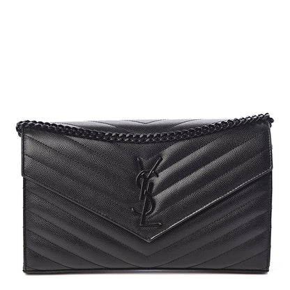Saint Laurent Grain De Poudre Matelasse Chevron Monogram Chain Wallet Black 1 of 9