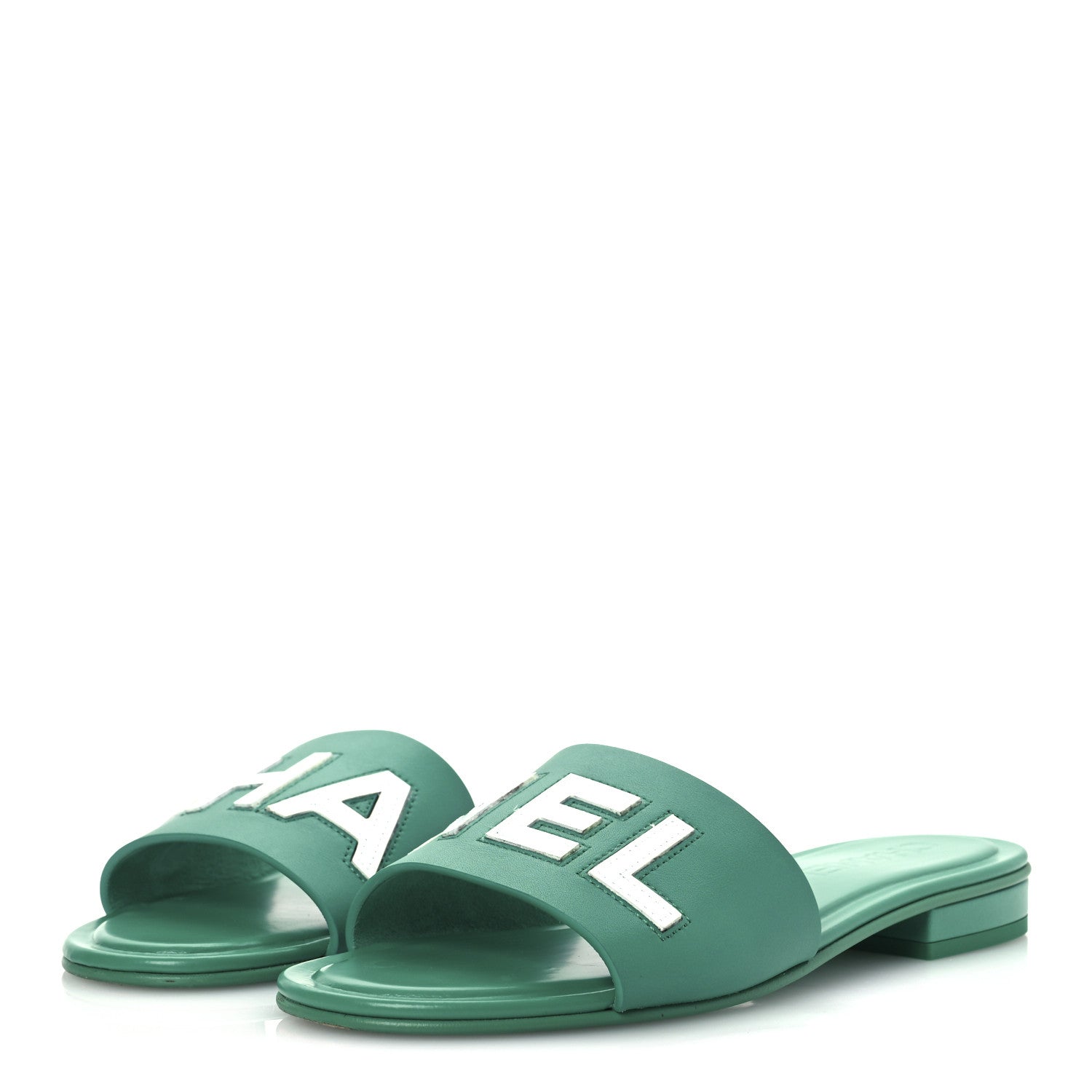 Chanel Calfskin Patent Calfskin Logo Mules 38 Green White 4 of 15