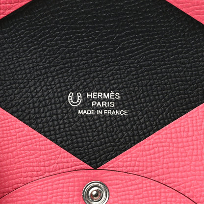 Hermes Epsom Horseshoe Calvi Card Case Rose Azalee Black 6 of 8
